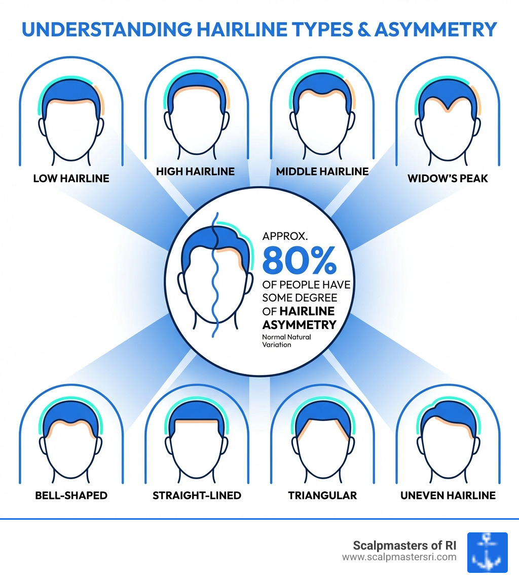 infographic explaining different hairline types including low, high, middle, widow's peak, bell-shaped, straight-lined, triangular, and uneven hairlines with illustrations of each type and labels indicating that approximately 80% of people have some degree of hairline asymmetry - is an uneven hairline normal infographic 