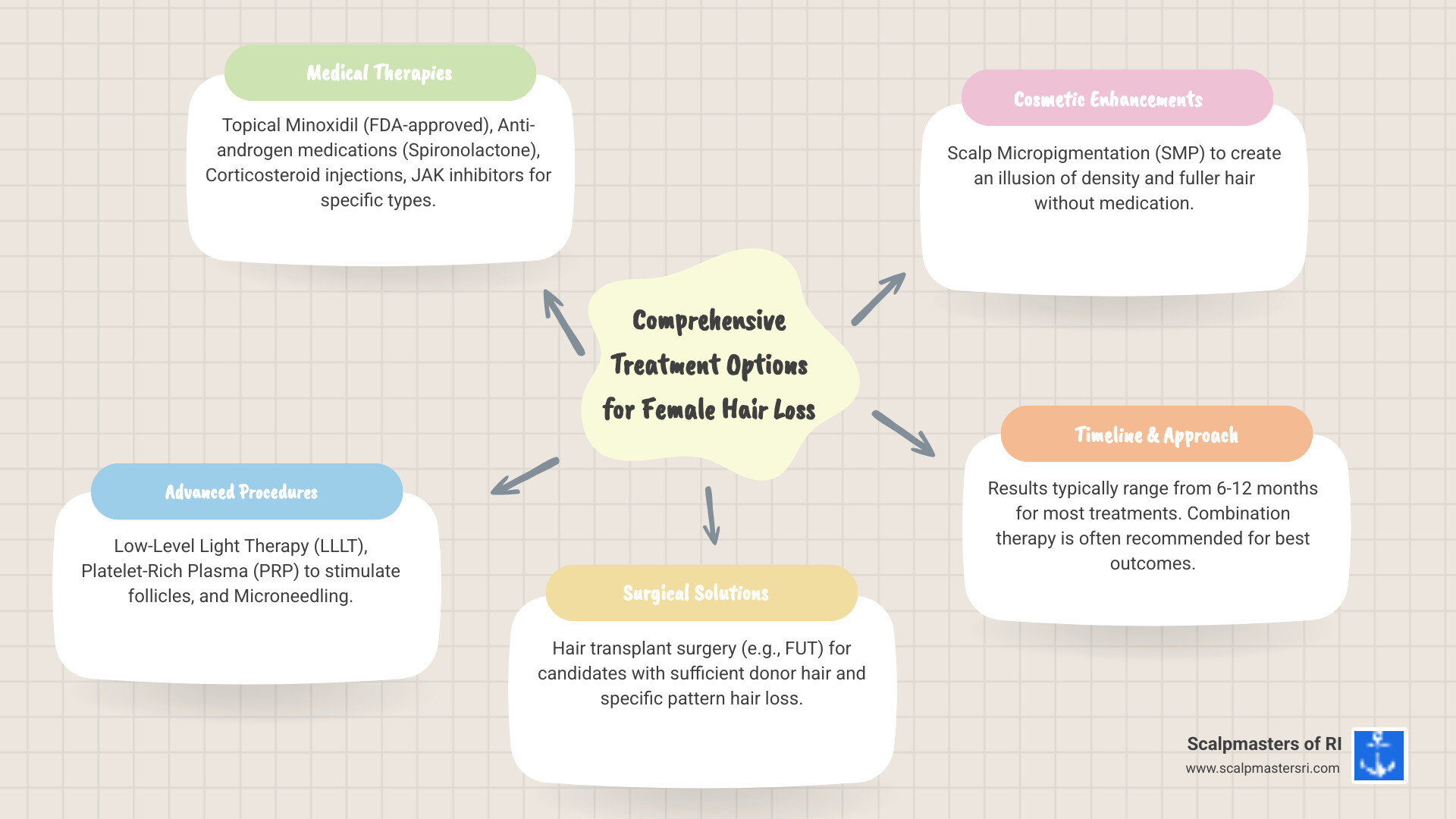 infographic showing types of female hair loss treatment options organized by category: medical treatments including minoxidil and anti-androgens, procedural treatments including PRP and laser therapy, surgical options like hair transplantation, and cosmetic solutions like scalp micropigmentation, with timeline expectations for results ranging from 6-12 months - Alopecia women treatment infographic mindmap-5-items