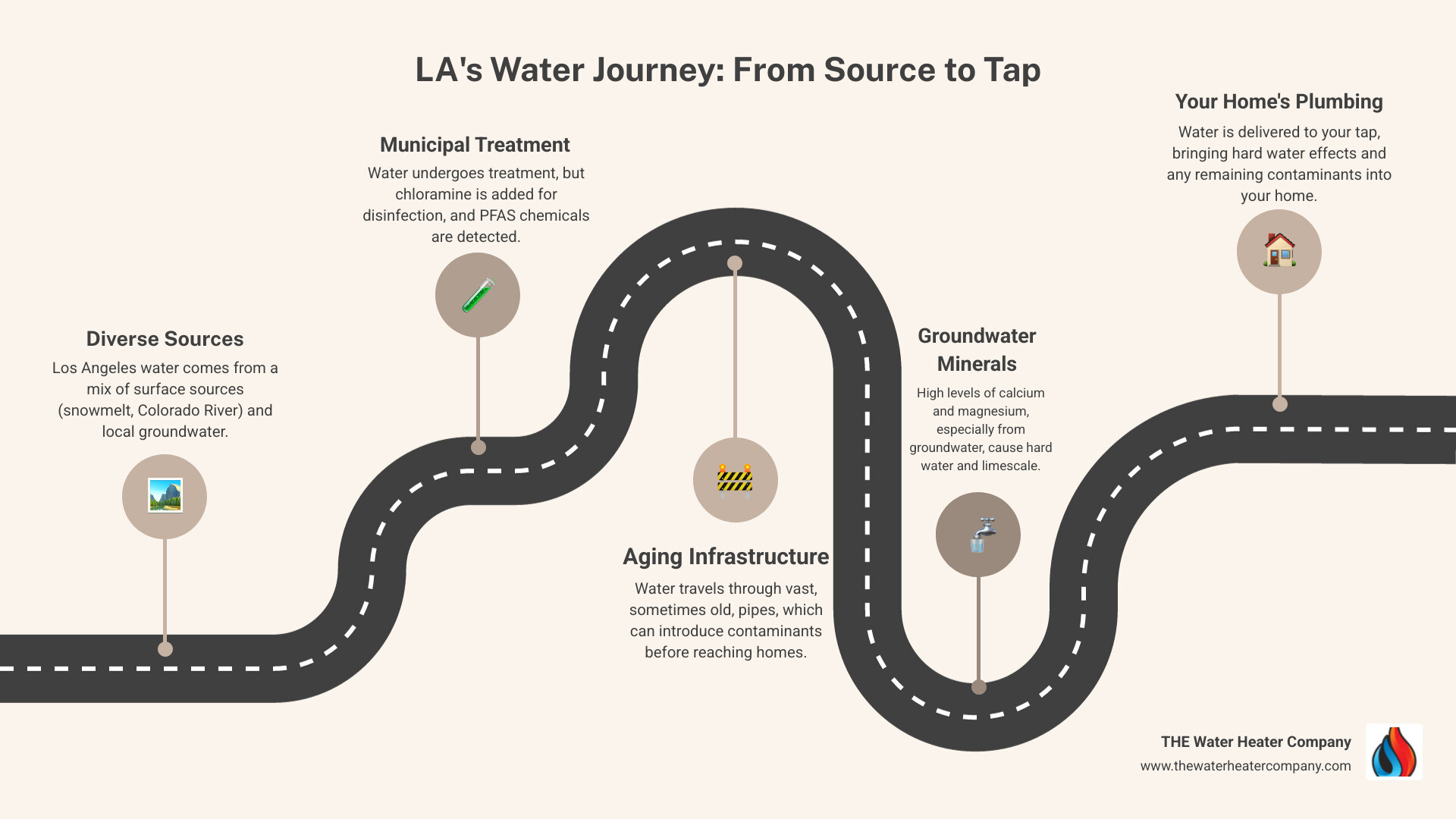 infographic showing water journey from LA sources through municipal treatment to home, highlighting contamination points including surface water contaminants, aging infrastructure, groundwater minerals, and in-home plumbing issues - water filtration & conditioning in los angeles, ca infographic roadmap-5-steps infographic showing water journey from LA sources through municipal treatment to home, highlighting contamination points including surface water contaminants, aging infrastructure, groundwater minerals, and in-home plumbing issues - water filtration & conditioning in los angeles, ca infographic roadmap-5-steps