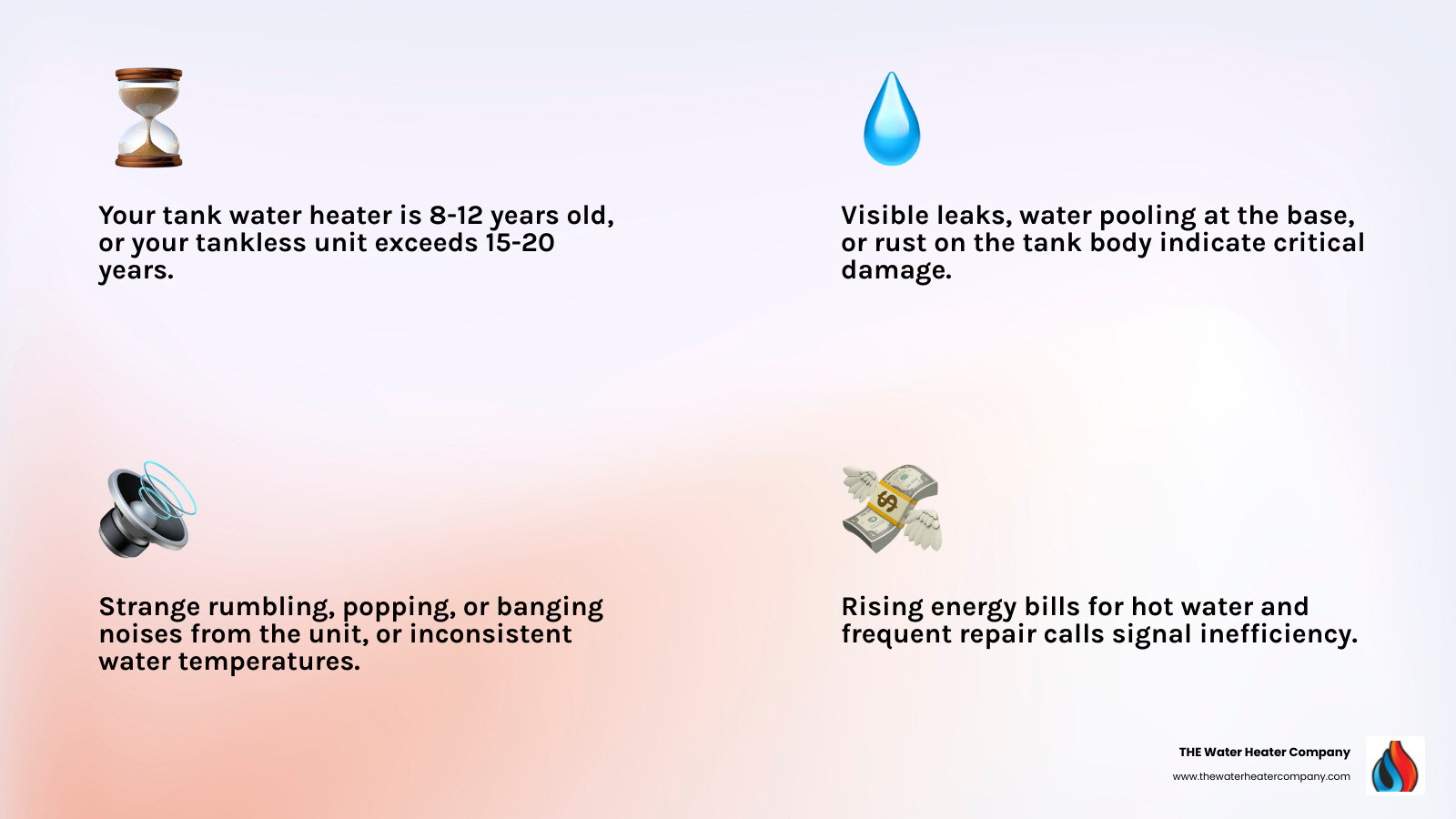 Infographic showing warning signs your water heater needs replacement: age 8-12 years for tank or 15-20 years for tankless, inconsistent water temperature, strange rumbling or popping noises, visible leaks or water pooling, rusty or discolored hot water, frequent repair calls, and rising monthly energy bills - water heater replacement in los alamitos, ca infographic 4_facts_emoji_light-gradient Infographic showing warning signs your water heater needs replacement: age 8-12 years for tank or 15-20 years for tankless, inconsistent water temperature, strange rumbling or popping noises, visible leaks or water pooling, rusty or discolored hot water, frequent repair calls, and rising monthly energy bills - water heater replacement in los alamitos, ca infographic 4_facts_emoji_light-gradient
