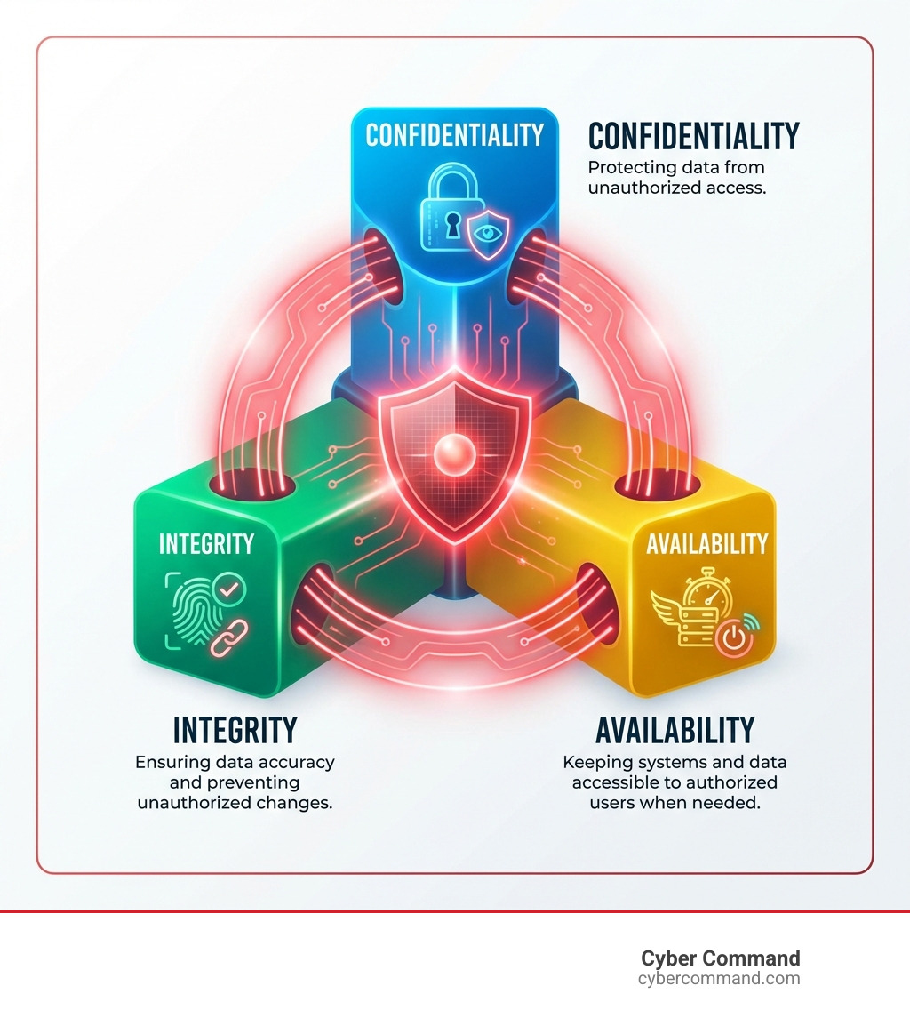 Infographic showing the CIA Triad of Network Security: Three interconnected pillars labeled Confidentiality (protecting data from unauthorized access), Integrity (ensuring data accuracy and preventing unauthorized changes), and Availability (keeping systems and data accessible to authorized users when needed) - information about network security infographic 