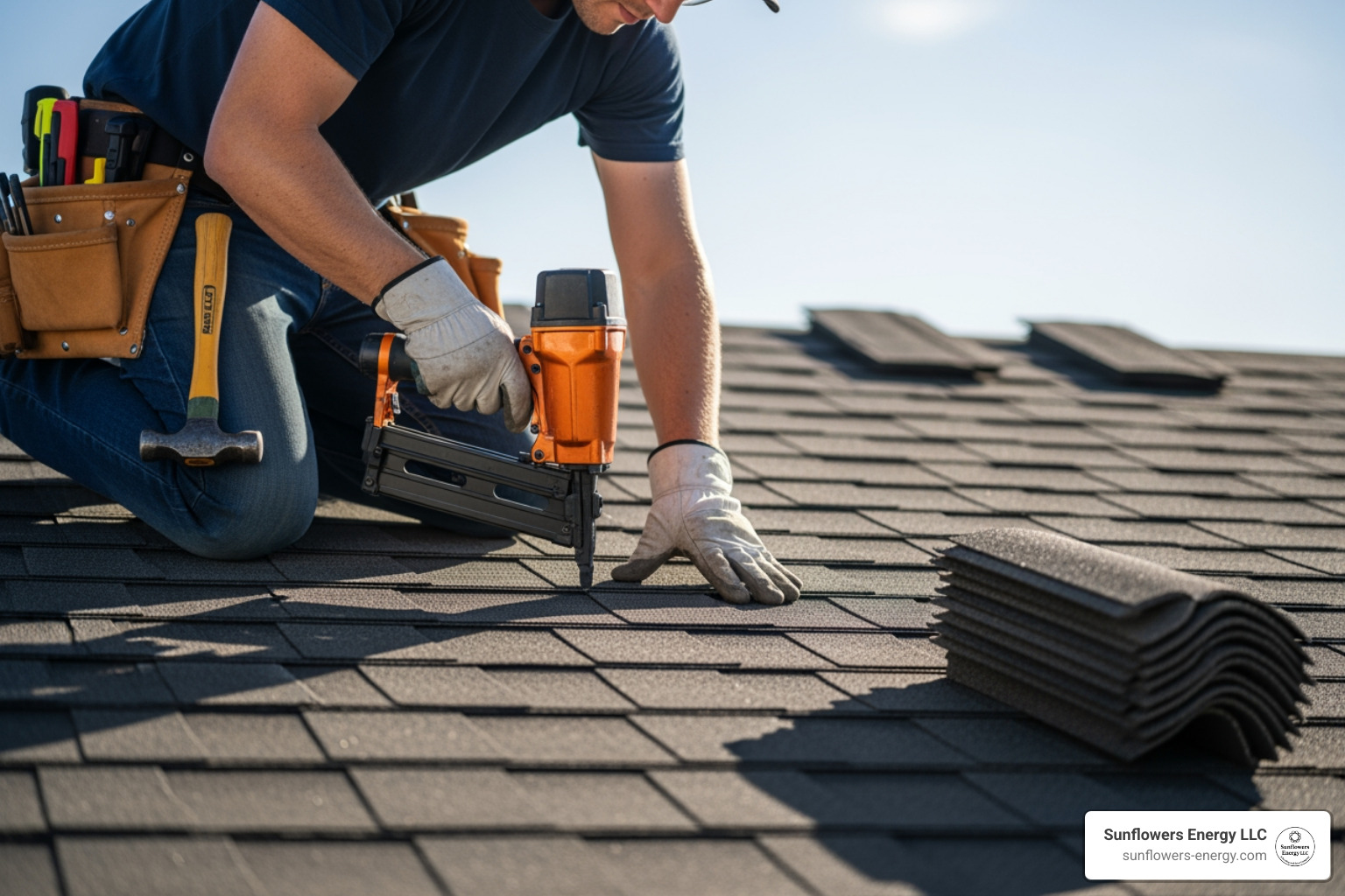a roofer installing asphalt shingles on a residential roof - cost to install shingle roof