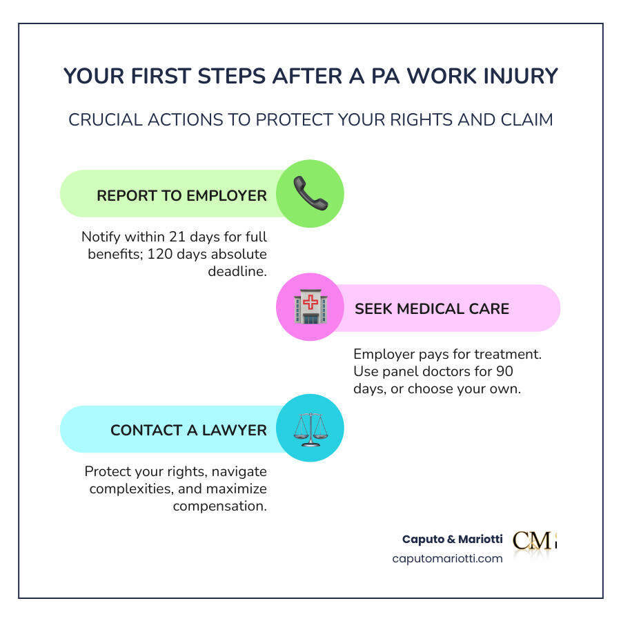 Infographic showing three critical steps after a work injury: 1. Report to Employer (within 21 days for full benefits, 120 days maximum), 2. Seek Medical Care (from employer's panel for first 90 days or your own doctor), 3. Contact a Workers' Compensation Lawyer (to protect your rights and maximize benefits) - Pennsylvania work injury infographic infographic-line-3-steps-colors Infographic showing three critical steps after a work injury: 1. Report to Employer (within 21 days for full benefits, 120 days maximum), 2. Seek Medical Care (from employer's panel for first 90 days or your own doctor), 3. Contact a Workers' Compensation Lawyer (to protect your rights and maximize benefits) - Pennsylvania work injury infographic infographic-line-3-steps-colors