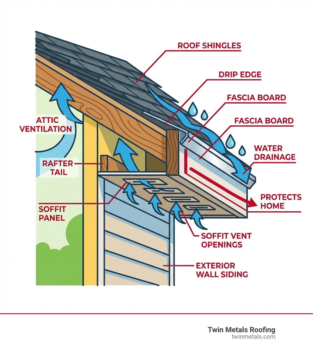 Infographic showing the anatomy of a roof eave system with labeled components including roof shingles, drip edge, fascia board, soffit panel, soffit vent openings, rafter tail, and exterior wall siding, illustrating how these parts work together to protect the home - house soffit replacement infographic 
