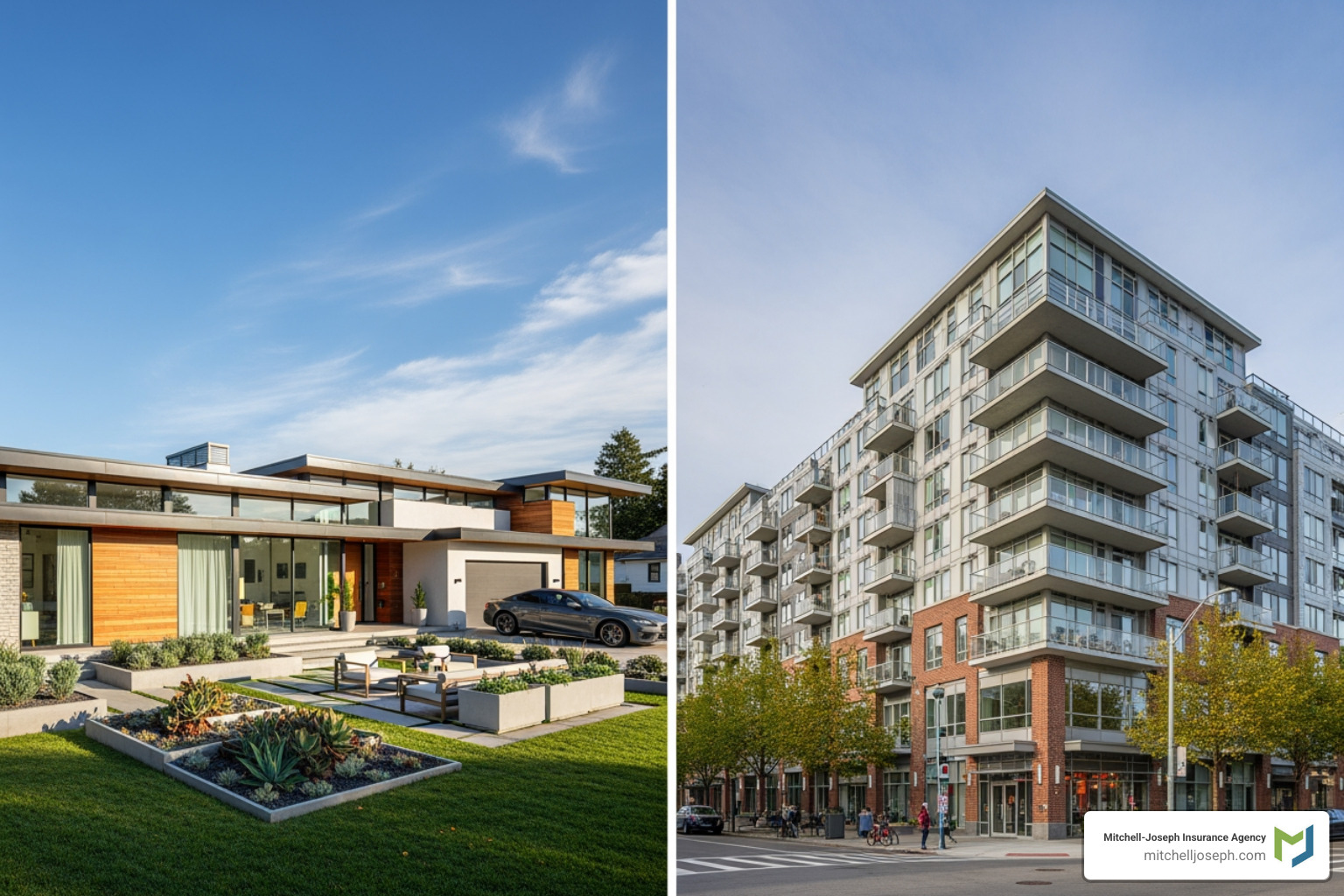 split screen showing a single-family home and a condo building - cheap rental house insurance split screen showing a single-family home and a condo building - cheap rental house insurance