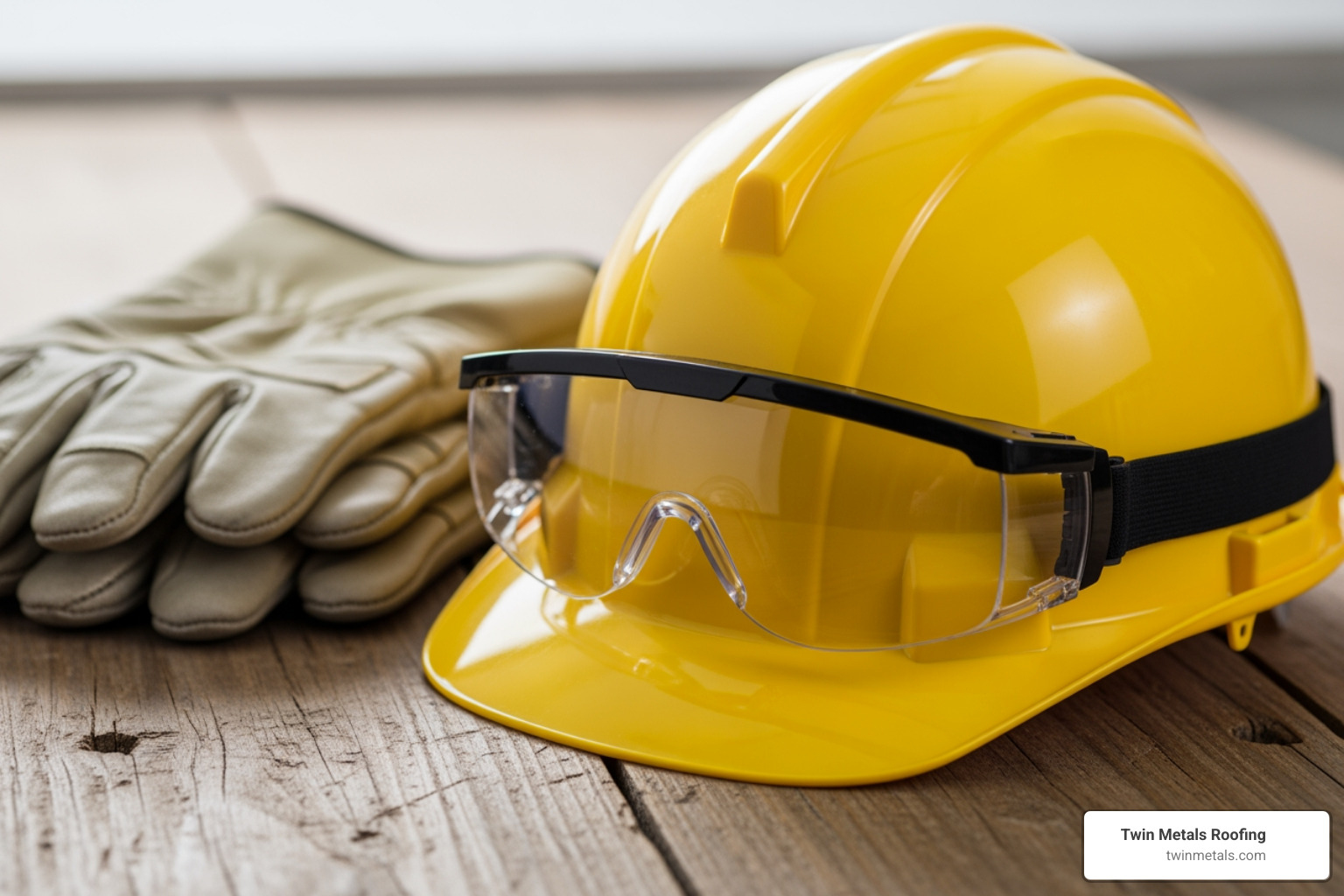 Image of safety gear including goggles, gloves, and a hard hat - house soffit replacement