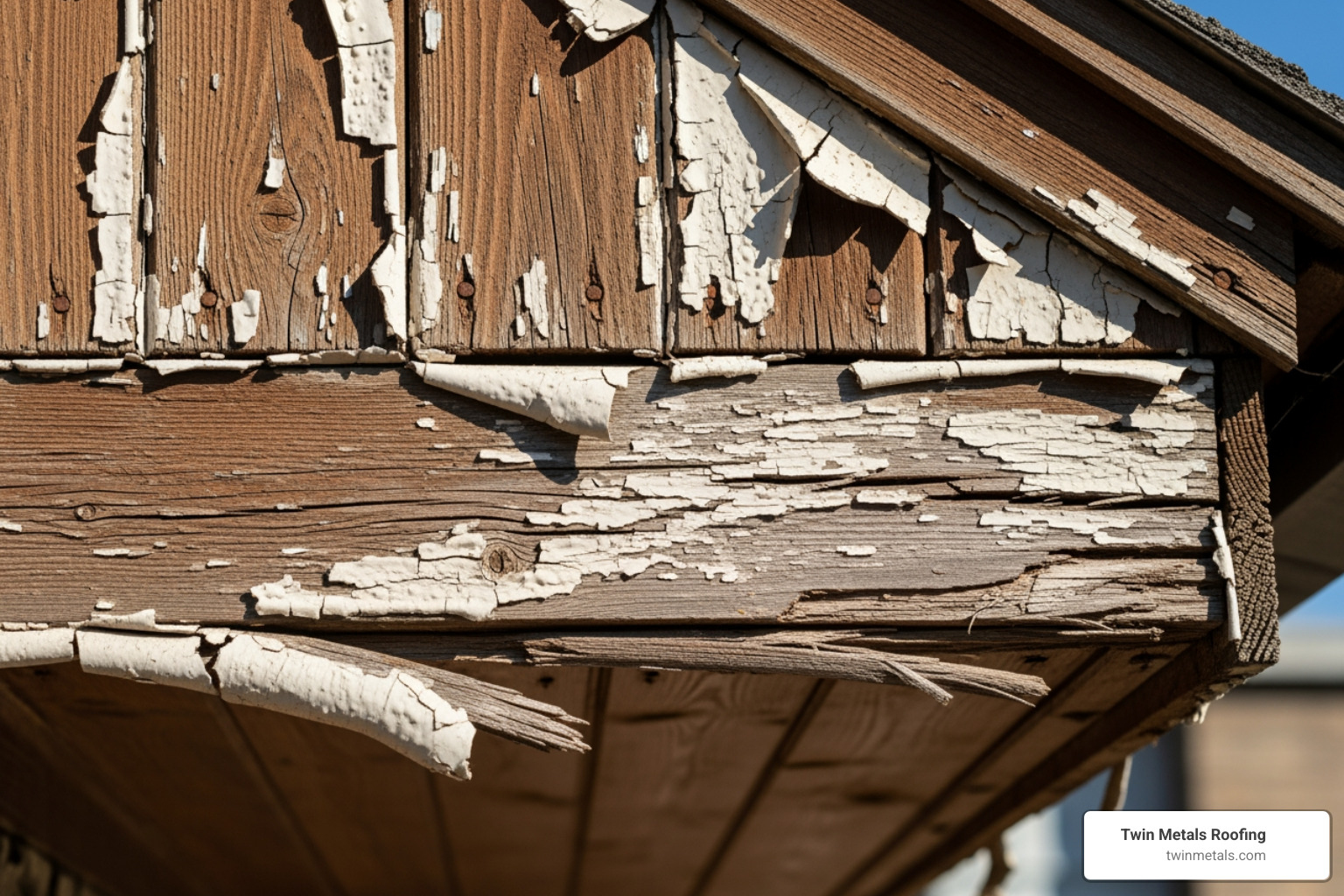 Image of a cracked and peeling wooden soffit - house soffit replacement