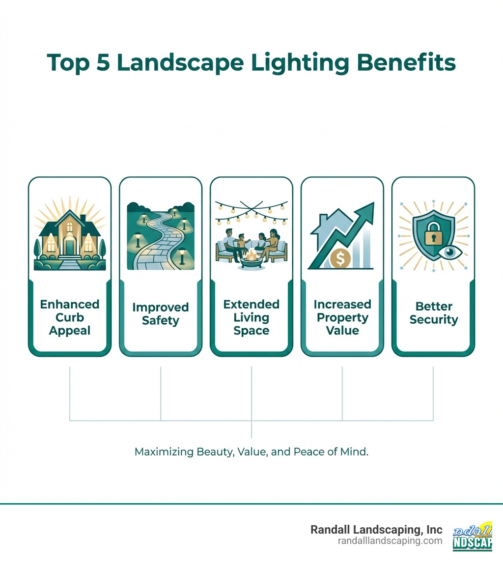 infographic showing the top 5 landscape lighting benefits with icons: a house with uplighting for curb appeal, a lit pathway for safety, people on a lit patio for usability, a home value arrow pointing up for property value, and a security shield for home security - landscape lighting benefits infographic 