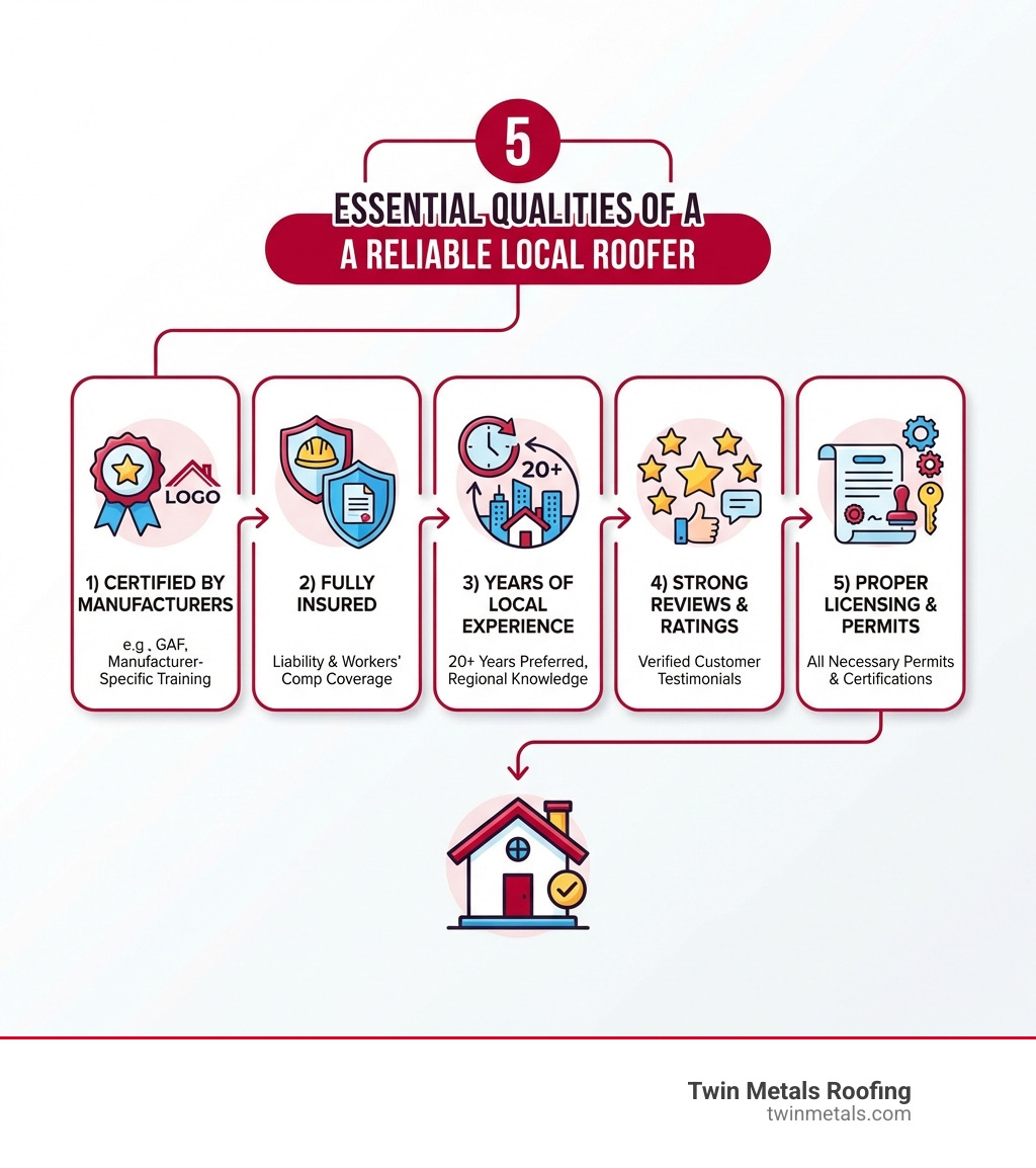 Infographic showing the 5 essential qualities of a reliable local roofer: 1) Certified by manufacturers like GAF, 2) Fully insured with liability and workers comp, 3) Years of local experience (20+ years preferred), 4) Strong customer reviews and ratings, 5) Proper licensing and permits - local roofers in the area infographic 