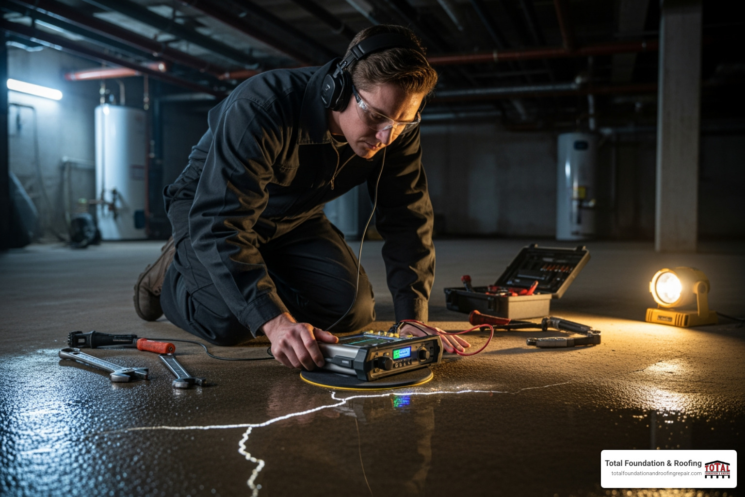 technician using an acoustic listening device on a concrete floor - Leak detection Kerrville technician using an acoustic listening device on a concrete floor - Leak detection Kerrville