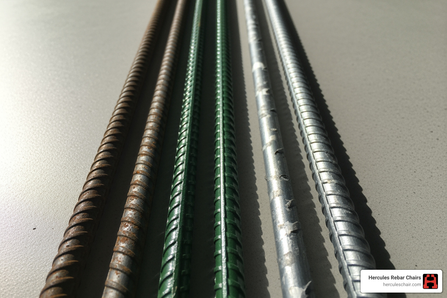 Different types of rebar side-by-side (carbon steel, epoxy-coated, galvanized) - concrete slab rebar Different types of rebar side-by-side (carbon steel, epoxy-coated, galvanized) - concrete slab rebar