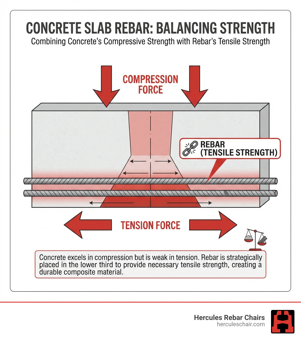 Infographic showing how concrete slab rebar adds tensile strength to concrete's compressive strength, with arrows indicating compression forces at the top of a beam and tension forces at the bottom, and rebar placement in the lower third to resist tension - concrete slab rebar infographic Infographic showing how concrete slab rebar adds tensile strength to concrete's compressive strength, with arrows indicating compression forces at the top of a beam and tension forces at the bottom, and rebar placement in the lower third to resist tension - concrete slab rebar infographic