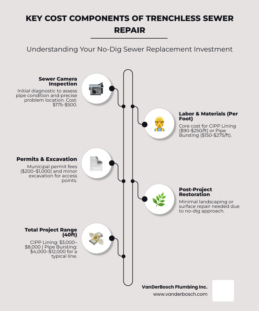 Infographic showing the key cost components of a trenchless sewer repair project, including camera inspection ($175-$500), labor and materials ($80-$250 per linear foot), permits ($200-$1,000), access point excavation, restoration costs, and total project ranges for CIPP lining ($3,000-$8,000) versus pipe bursting ($4,000-$12,000) for a typical 40-foot residential sewer line - trenchless sewer replacement cost infographic infographic-line-5-steps-elegant_beige Infographic showing the key cost components of a trenchless sewer repair project, including camera inspection ($175-$500), labor and materials ($80-$250 per linear foot), permits ($200-$1,000), access point excavation, restoration costs, and total project ranges for CIPP lining ($3,000-$8,000) versus pipe bursting ($4,000-$12,000) for a typical 40-foot residential sewer line - trenchless sewer replacement cost infographic infographic-line-5-steps-elegant_beige