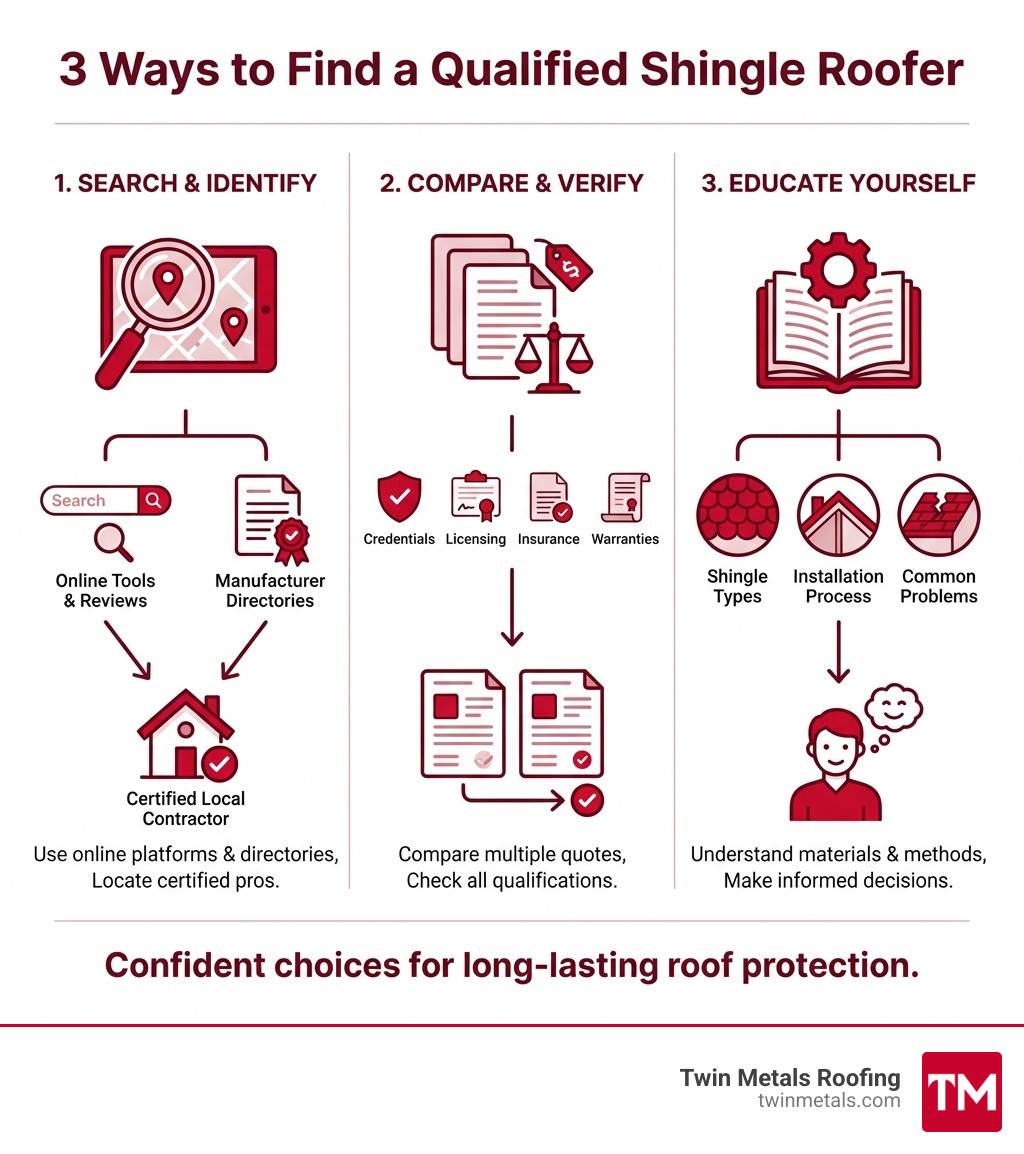 Infographic showing three main methods to find a qualified shingle roofer: 1) Use online search tools and manufacturer directories to identify certified local contractors, 2) Compare multiple quotes while checking credentials, licensing, insurance, and warranties, 3) Educate yourself on shingle types, installation processes, and common roof problems to make informed decisions - shingle roofer near me infographic Infographic showing three main methods to find a qualified shingle roofer: 1) Use online search tools and manufacturer directories to identify certified local contractors, 2) Compare multiple quotes while checking credentials, licensing, insurance, and warranties, 3) Educate yourself on shingle types, installation processes, and common roof problems to make informed decisions - shingle roofer near me infographic
