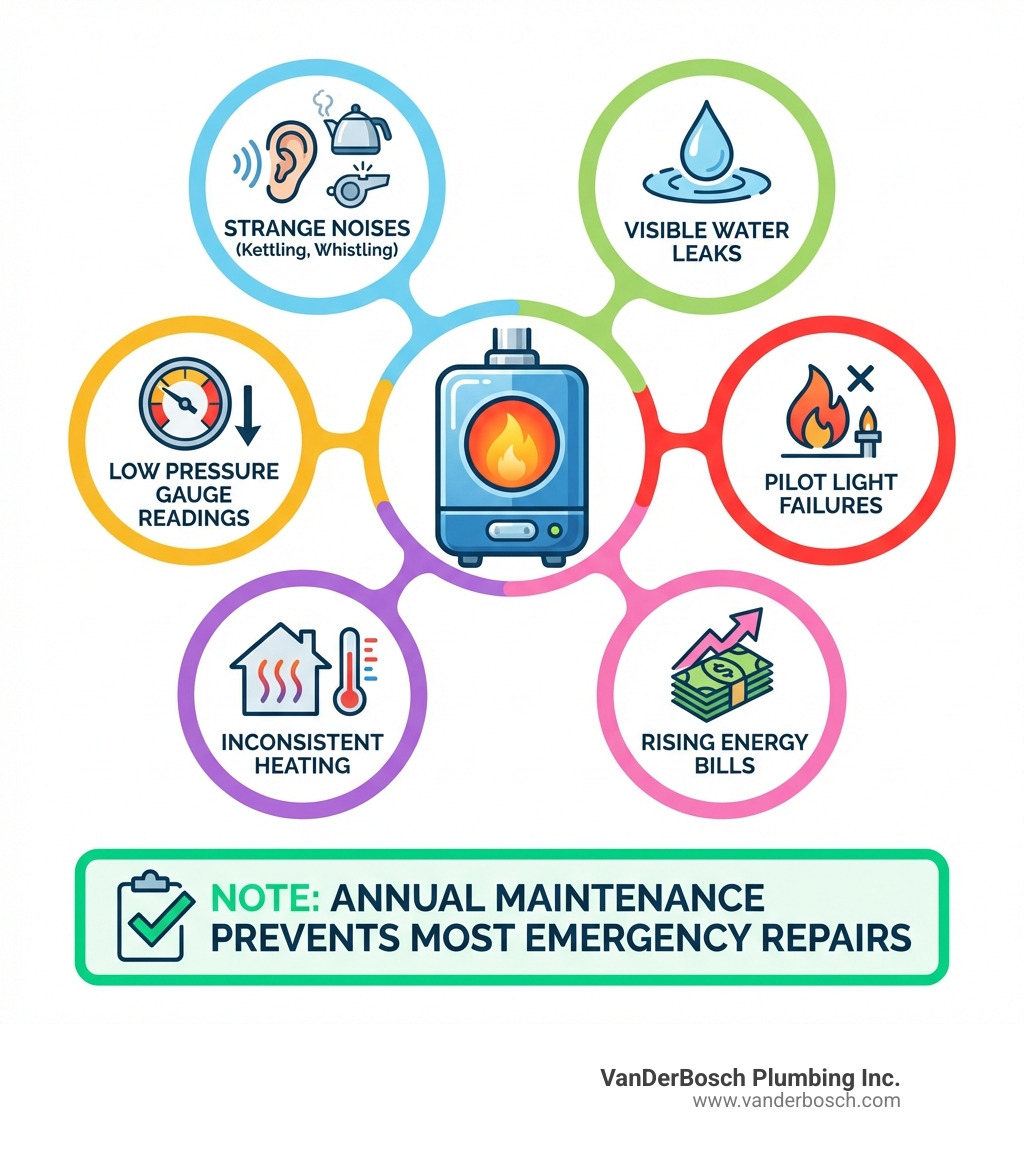 Infographic showing key boiler warning signs including strange noises like kettling and whistling, visible water leaks, low pressure gauge readings, pilot light failures, inconsistent heating, and rising energy bills, with a note that annual maintenance prevents most emergency repairs - boiler repair chicago infographic 