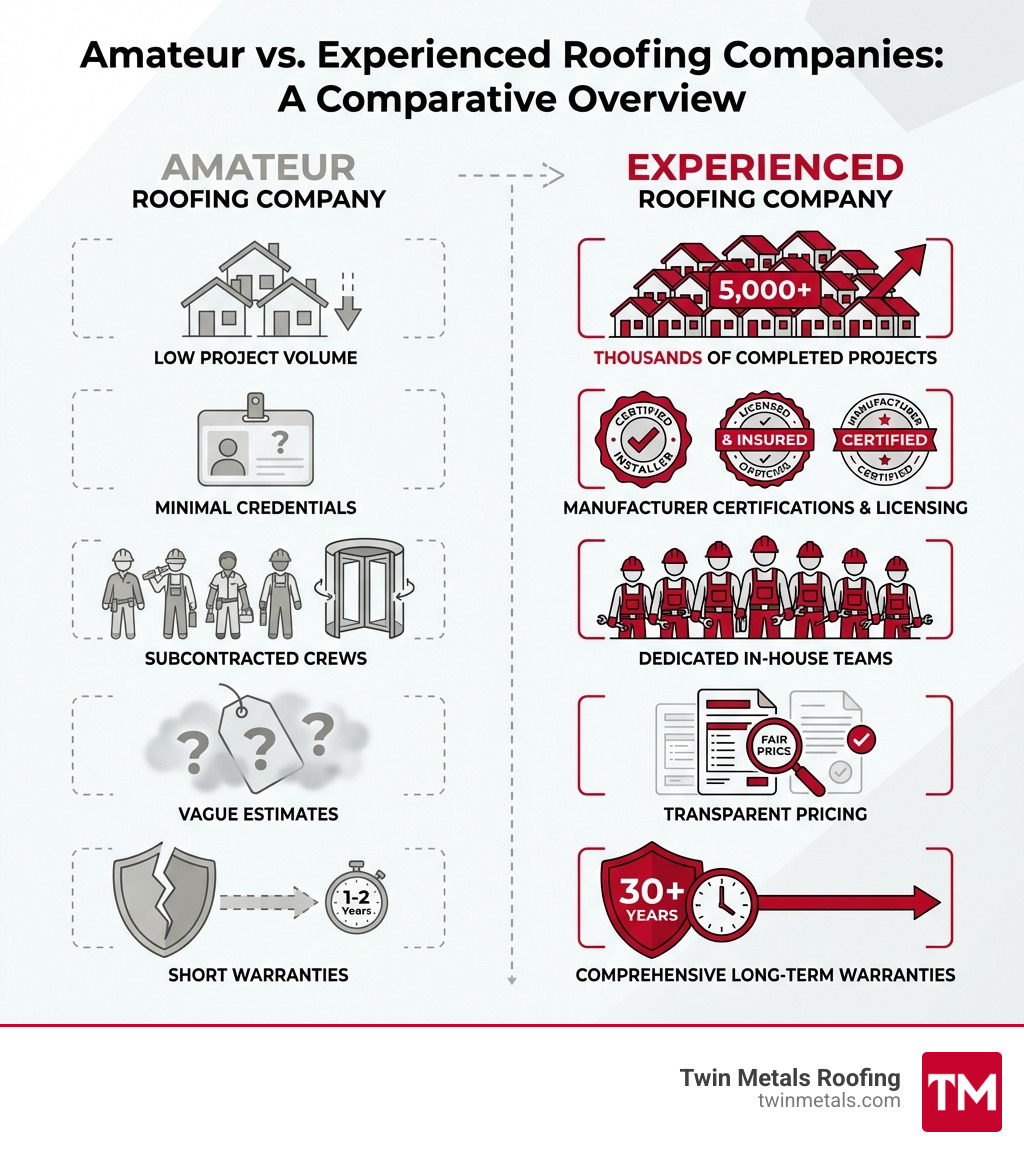 Infographic comparing amateur vs experienced roofing companies: Amateur shows low project volume, minimal credentials, subcontracted crews, vague estimates, and short warranties; Experienced shows thousands of completed projects, manufacturer certifications and licensing, dedicated in-house teams, transparent pricing, and comprehensive long-term warranties - experienced roofing company infographic Infographic comparing amateur vs experienced roofing companies: Amateur shows low project volume, minimal credentials, subcontracted crews, vague estimates, and short warranties; Experienced shows thousands of completed projects, manufacturer certifications and licensing, dedicated in-house teams, transparent pricing, and comprehensive long-term warranties - experienced roofing company infographic