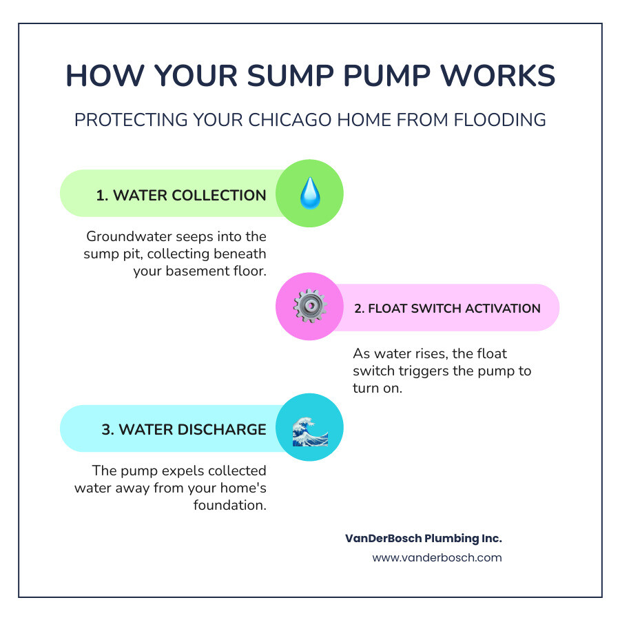 infographic showing how a sump pump protects a Chicago home from flooding with labeled diagram of water collection, float switch activation, and discharge away from foundation - emergency sump pump repair chicago infographic infographic-line-3-steps-colors