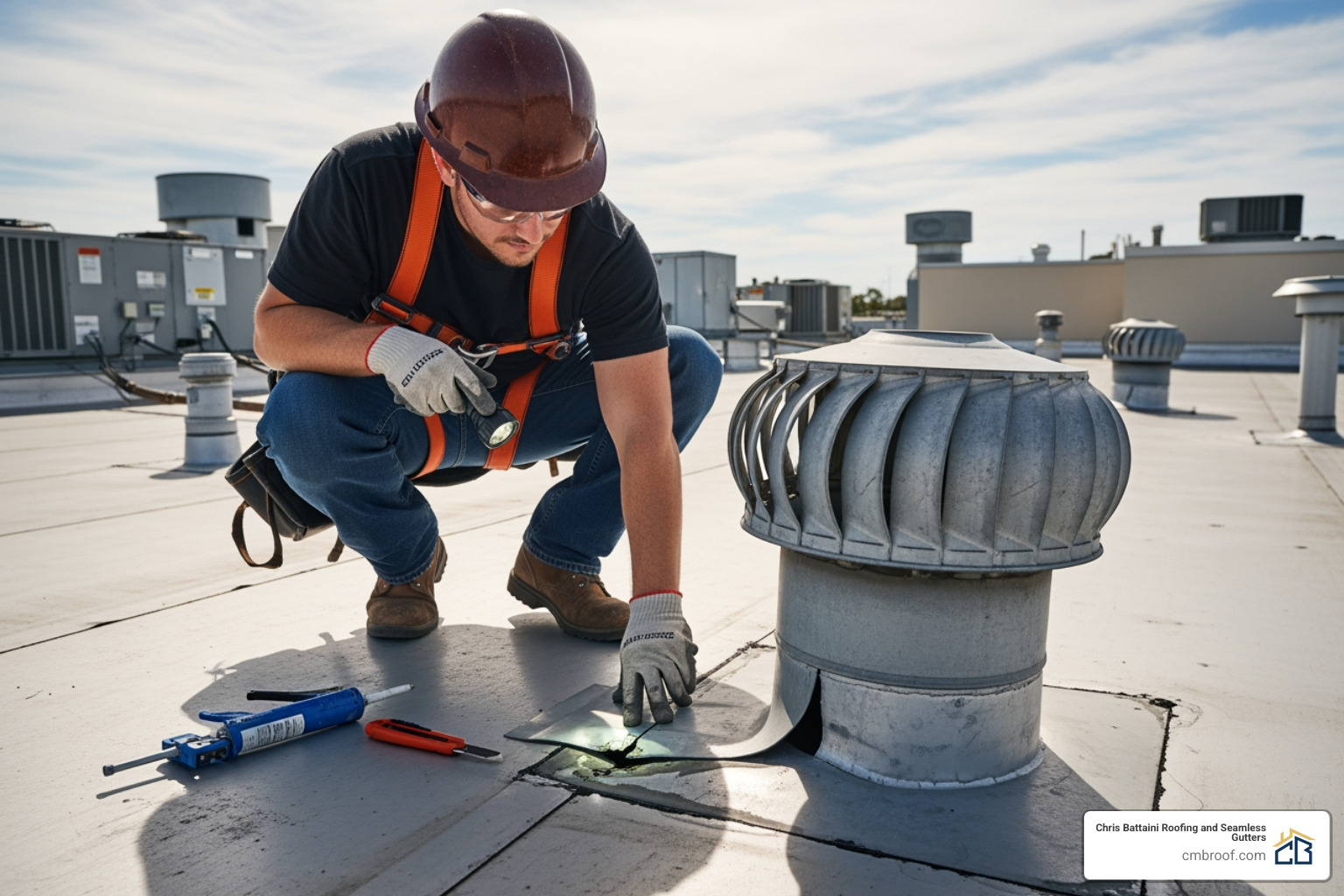 Roofer inspecting damaged flashing on a commercial roof - multi family roof maintenance