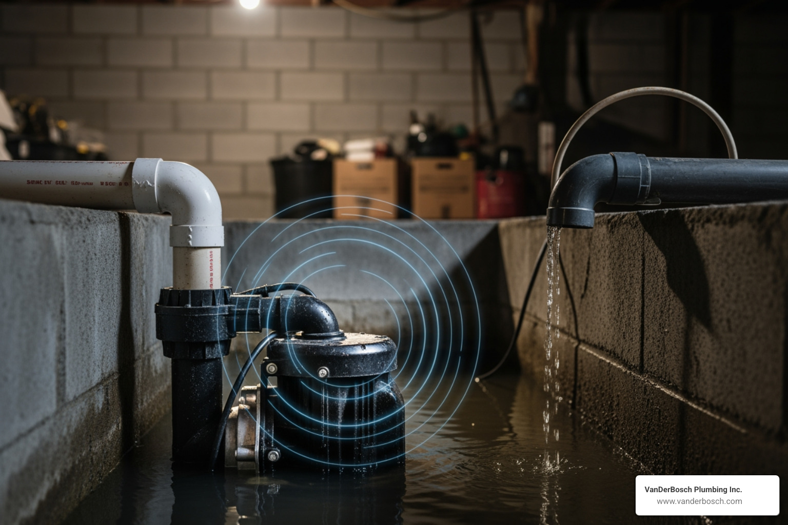 a sump pump making a strange noise with sound wave graphics - emergency sump pump repair chicago