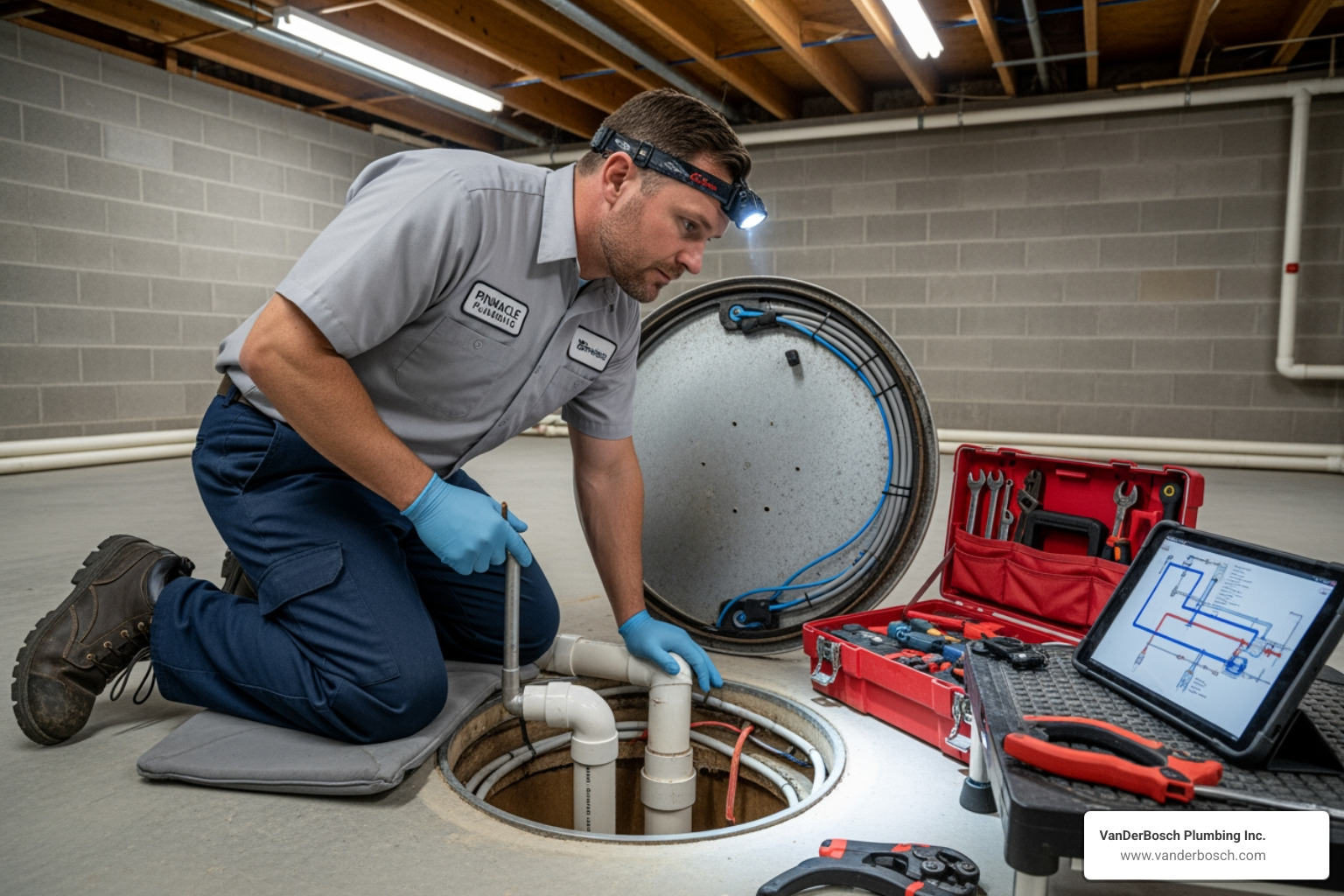 professional plumber inspecting an ejector pump pit - ejector pump repair chicago