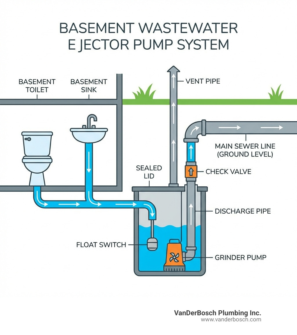Infographic showing the flow of wastewater from a basement toilet and sink into a sealed ejector pump basin, then being pumped upward through a discharge pipe with a check valve to connect with the main sewer line at ground level, with labels for key components including the float switch, grinder, vent pipe, and sealed lid - ejector pump repair chicago infographic 