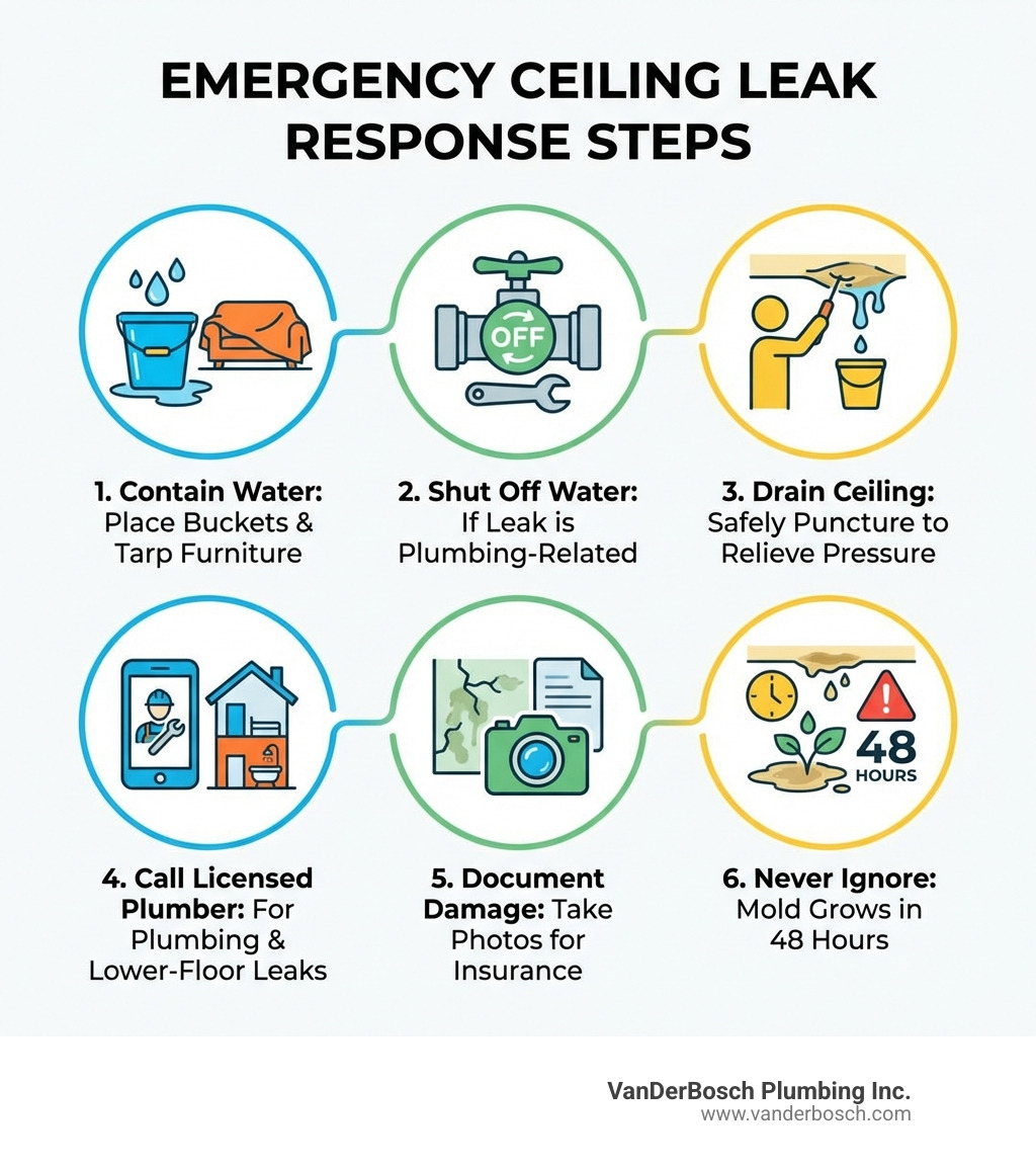 infographic showing emergency ceiling leak response steps: 1. Place buckets under active drips and protect furniture with tarps, 2. Shut off main water valve if leak is plumbing-related, 3. Safely puncture bulging ceiling to drain pooled water, 4. Call licensed plumber for lower-floor leaks or leaks below bathrooms, 5. Document damage with photos for insurance, 6. Never ignore even small stains as mold grows within 48 hours - plumber for ceiling leak infographic infographic showing emergency ceiling leak response steps: 1. Place buckets under active drips and protect furniture with tarps, 2. Shut off main water valve if leak is plumbing-related, 3. Safely puncture bulging ceiling to drain pooled water, 4. Call licensed plumber for lower-floor leaks or leaks below bathrooms, 5. Document damage with photos for insurance, 6. Never ignore even small stains as mold grows within 48 hours - plumber for ceiling leak infographic