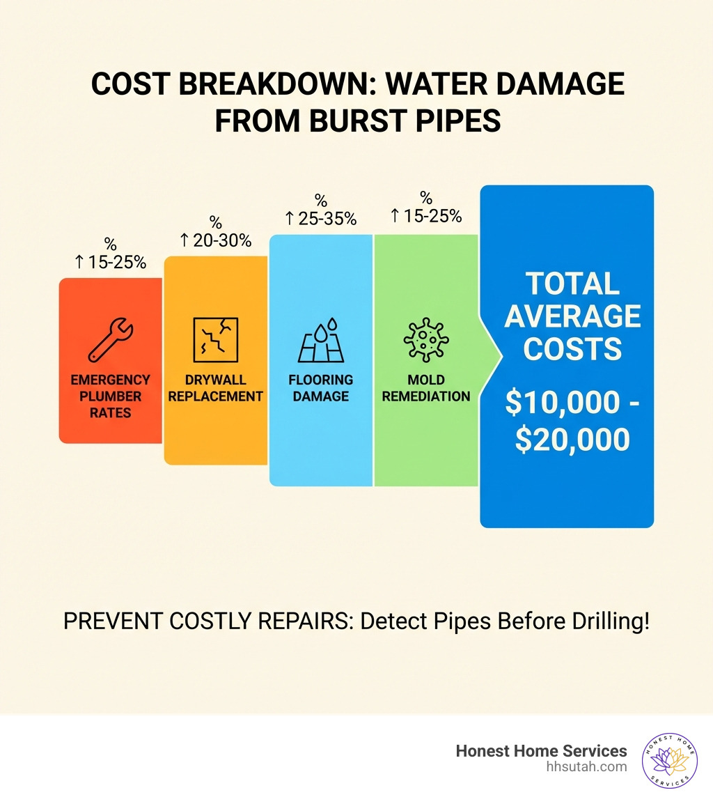 infographic showing cost breakdown of water damage from burst pipes, including emergency plumber rates, drywall replacement, flooring damage, mold remediation, and total average costs of $10,000-$20,000 - detect pipes in walls infographic infographic showing cost breakdown of water damage from burst pipes, including emergency plumber rates, drywall replacement, flooring damage, mold remediation, and total average costs of $10,000-$20,000 - detect pipes in walls infographic