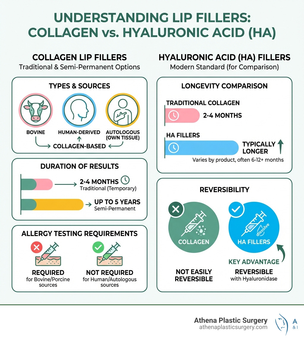 Infographic showing the types of collagen lip fillers, their sources (bovine, human-derived, autologous), duration of results (2-4 months for traditional, up to 5 years for semi-permanent), allergy testing requirements, and comparison with hyaluronic acid fillers including longevity and reversibility - collagen lip filler infographic 