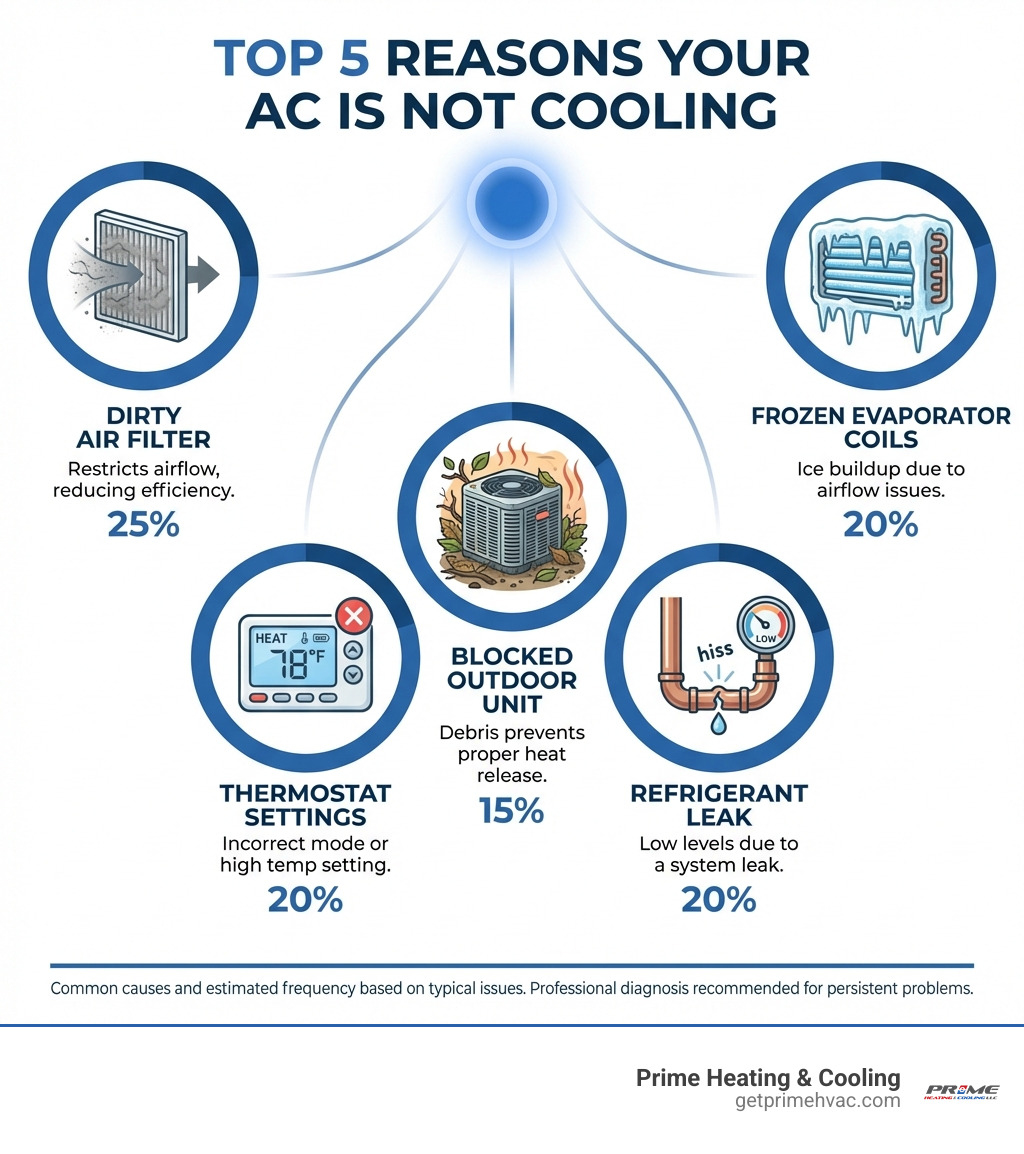 infographic showing top 5 reasons an AC is not cooling with icons for dirty filter, thermostat settings, blocked outdoor unit, refrigerant leak, and frozen coils with brief descriptions and percentages for each common cause - AC not cooling enough infographic 