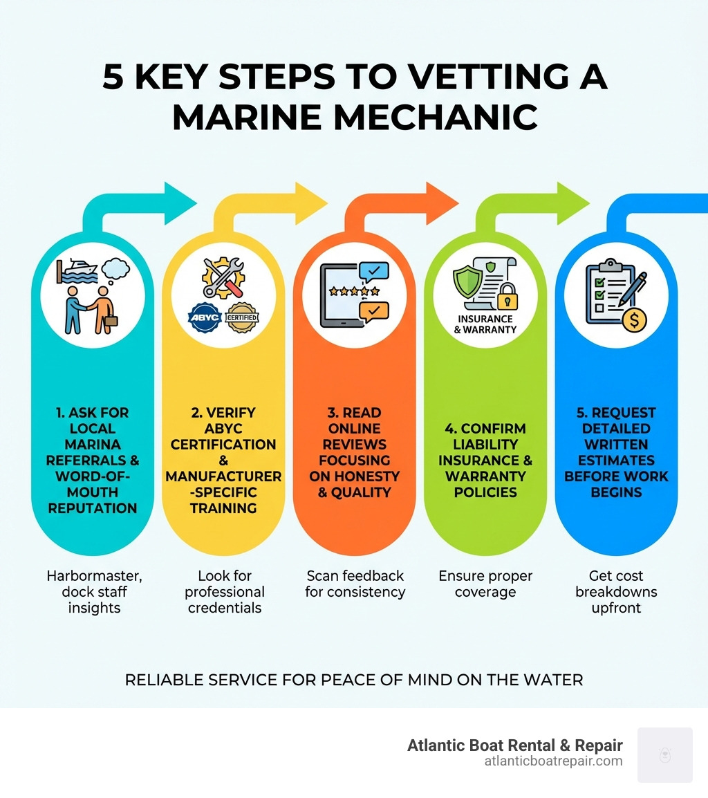 Infographic showing 5 key steps to vetting a marine mechanic: 1. Ask for local marina referrals and check word-of-mouth reputation, 2. Verify ABYC certification and manufacturer-specific training, 3. Read online reviews focusing on honesty and quality, 4. Confirm liability insurance and warranty policies, 5. Request detailed written estimates before any work begins - marine mechanic near me infographic 