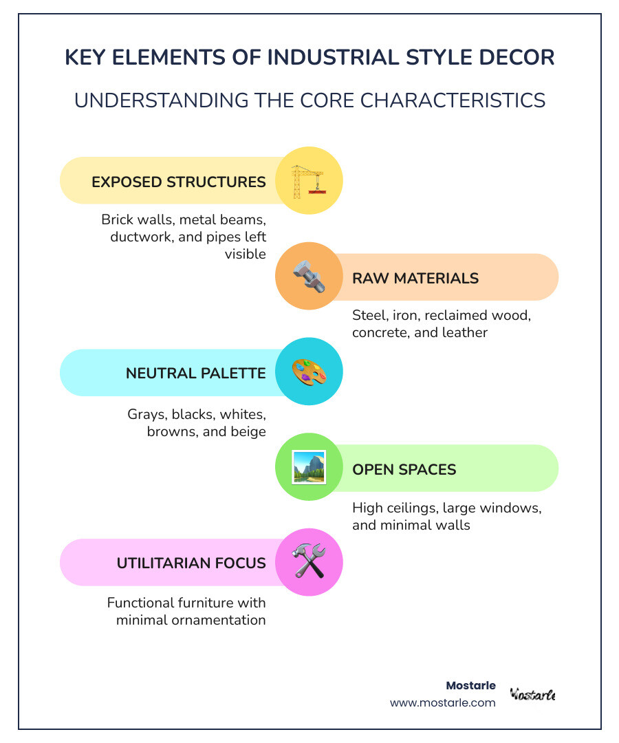 infographic showing the 5 core elements of industrial design: exposed structural elements like brick and pipes, raw materials including metal and reclaimed wood, neutral color palettes of gray and black, open floor plans with high ceilings, and utilitarian furniture with function over form - industrial style decor infographic infographic-line-5-steps-colors infographic showing the 5 core elements of industrial design: exposed structural elements like brick and pipes, raw materials including metal and reclaimed wood, neutral color palettes of gray and black, open floor plans with high ceilings, and utilitarian furniture with function over form - industrial style decor infographic infographic-line-5-steps-colors