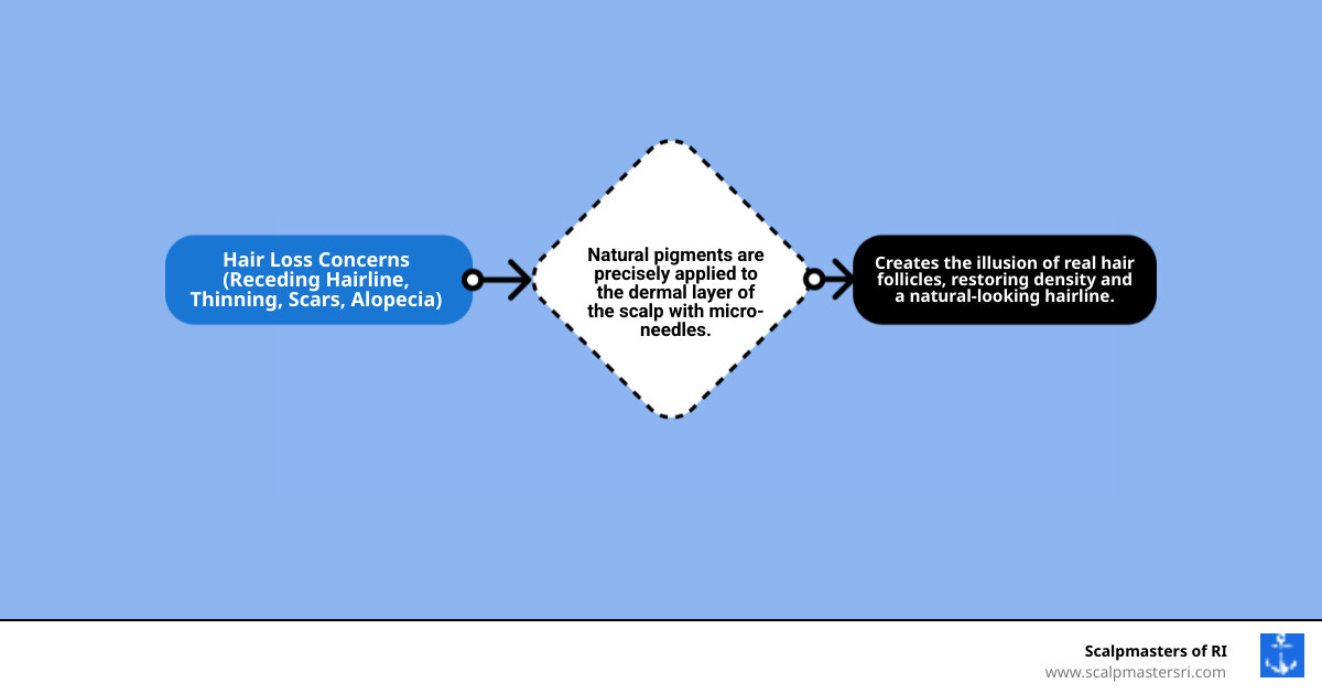 Infographic showing the scalp micropigmentation process: cross-section of scalp layers with pigment dots deposited in the dermal layer, creating the appearance of hair follicles at the skin surface - scalp micropigmentation cranston infographic flowmap_simple