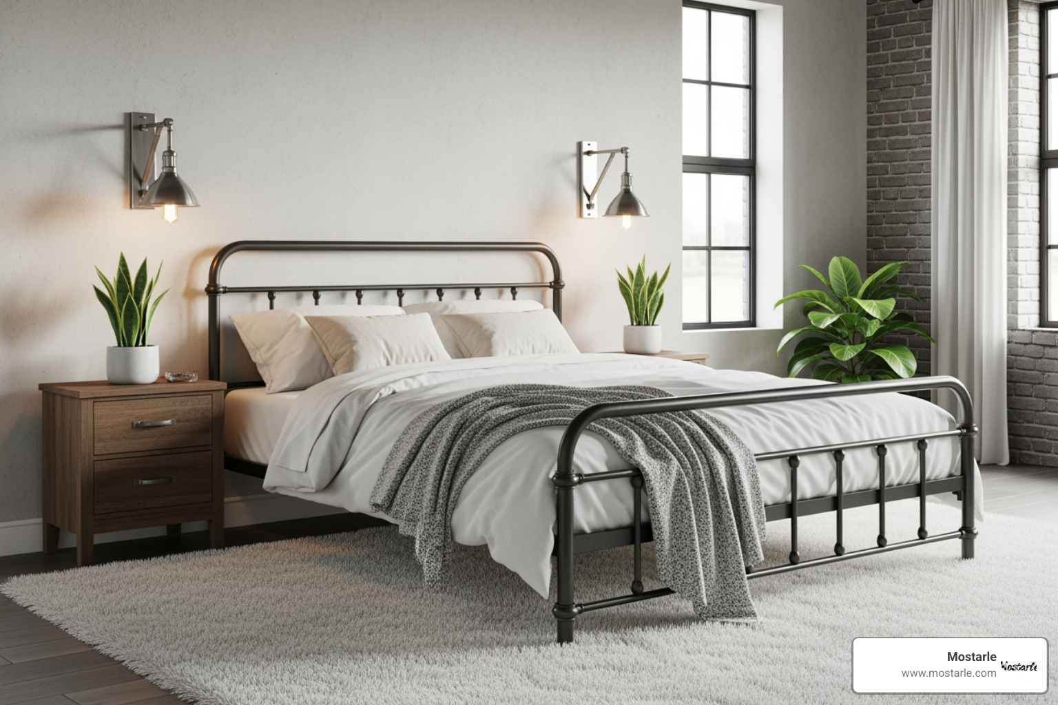 industrial bedroom balancing a dark metal bed frame with soft neutral bedding, a plush rug, and green plants - industrial style decor industrial bedroom balancing a dark metal bed frame with soft neutral bedding, a plush rug, and green plants - industrial style decor