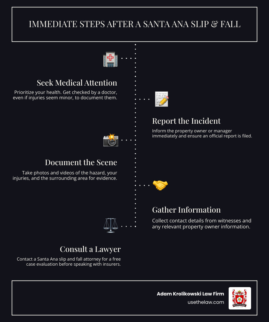 infographic showing steps after a slip and fall accident in Santa Ana including seek medical attention, report the incident to property owner, document the scene with photos, gather witness information, avoid giving statements to insurance companies, and contact a Santa Ana slip and fall lawyer for a free consultation within the two year statute of limitations - slip and fall lawyer santa ana infographic infographic-line-5-steps-dark infographic showing steps after a slip and fall accident in Santa Ana including seek medical attention, report the incident to property owner, document the scene with photos, gather witness information, avoid giving statements to insurance companies, and contact a Santa Ana slip and fall lawyer for a free consultation within the two year statute of limitations - slip and fall lawyer santa ana infographic infographic-line-5-steps-dark