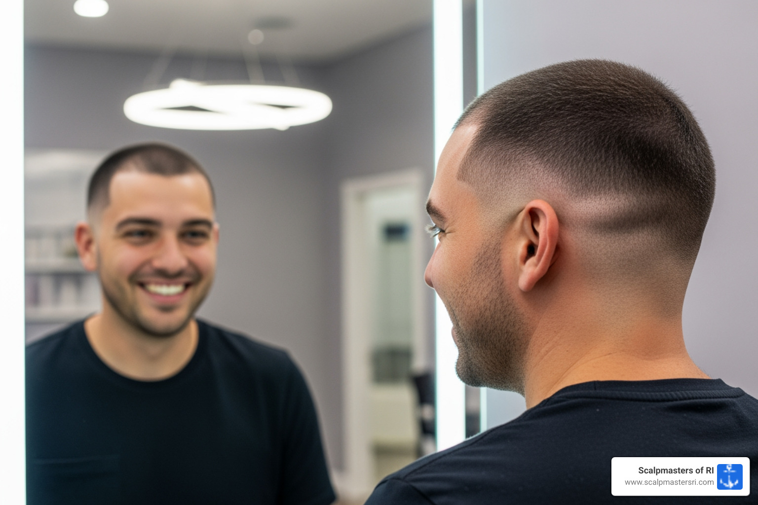 Client happily looking at their SMP results in a mirror - scalp micropigmentation cranston