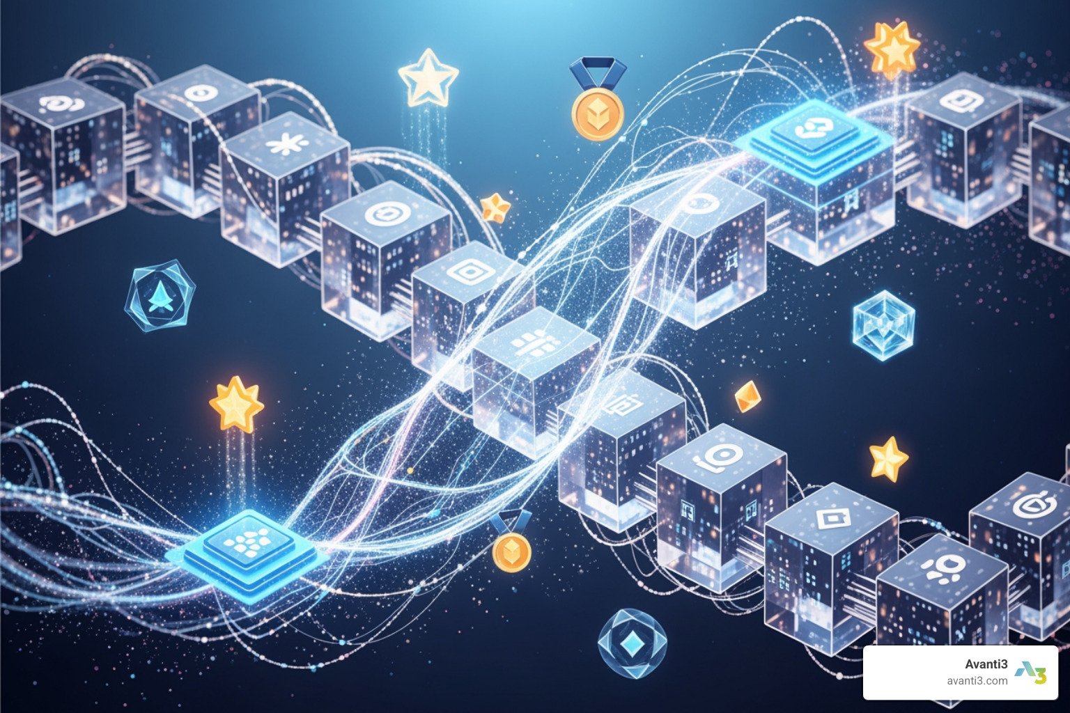 AI and Blockchain icons intertwined, representing personalized rewards - Blockchain loyalty system