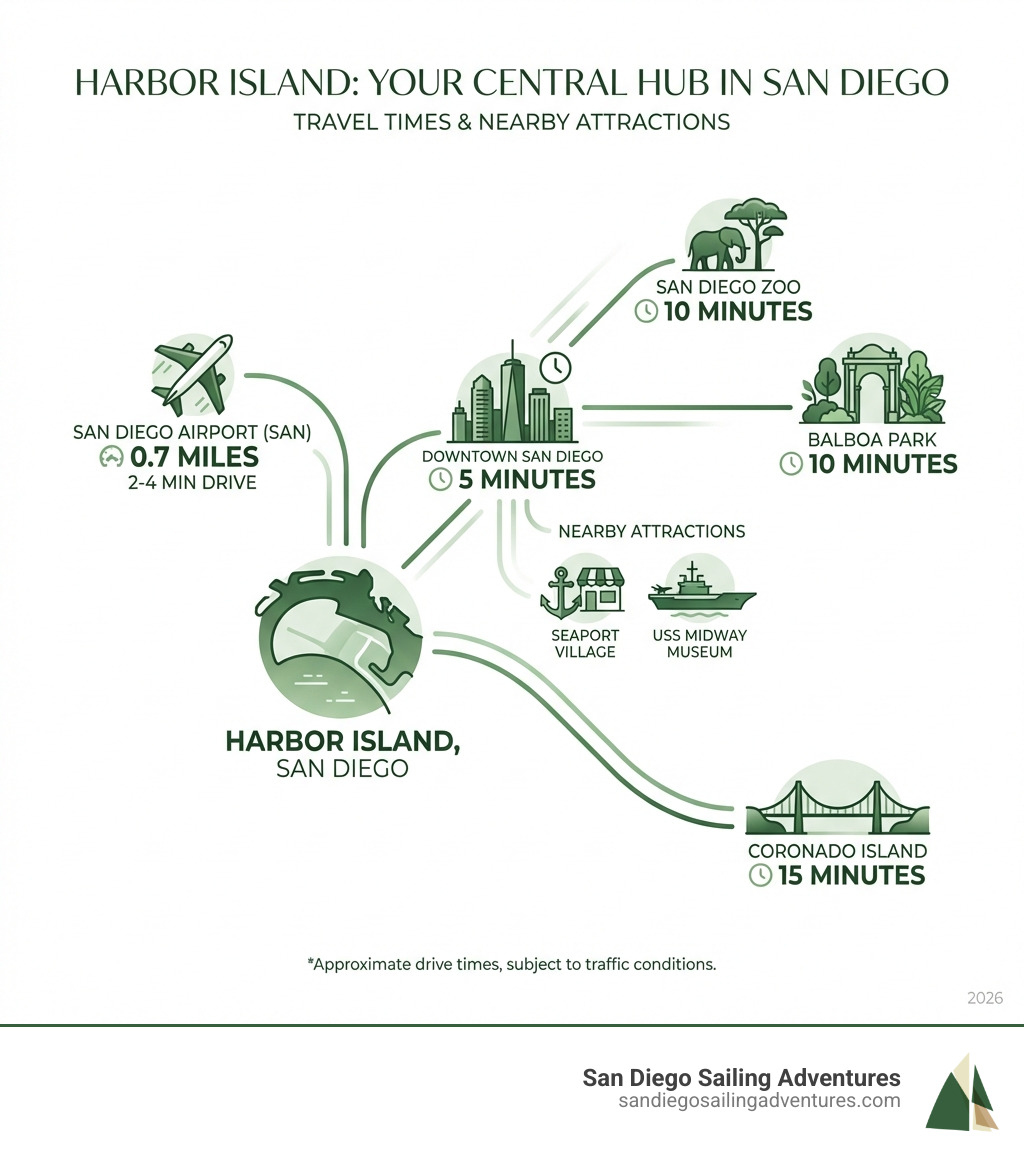 infographic showing Harbor Island location with travel times: 0.7 miles to San Diego Airport, 5 minutes to Downtown, 10 minutes to San Diego Zoo, 10 minutes to Balboa Park, 15 minutes to Coronado Island, and nearby attractions including Seaport Village and USS Midway Museum - san diego harbor island hotel infographic infographic showing Harbor Island location with travel times: 0.7 miles to San Diego Airport, 5 minutes to Downtown, 10 minutes to San Diego Zoo, 10 minutes to Balboa Park, 15 minutes to Coronado Island, and nearby attractions including Seaport Village and USS Midway Museum - san diego harbor island hotel infographic
