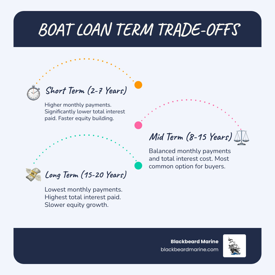 Infographic comparing boat loan terms showing a 5-year term with high monthly payments but low total interest, a 10-year term with moderate monthly payments and moderate total interest, and a 20-year term with low monthly payments but high total interest, illustrating the inverse relationship between payment size and total cost - boat loan terms infographic infographic-line-3-steps-blues-accent_colors