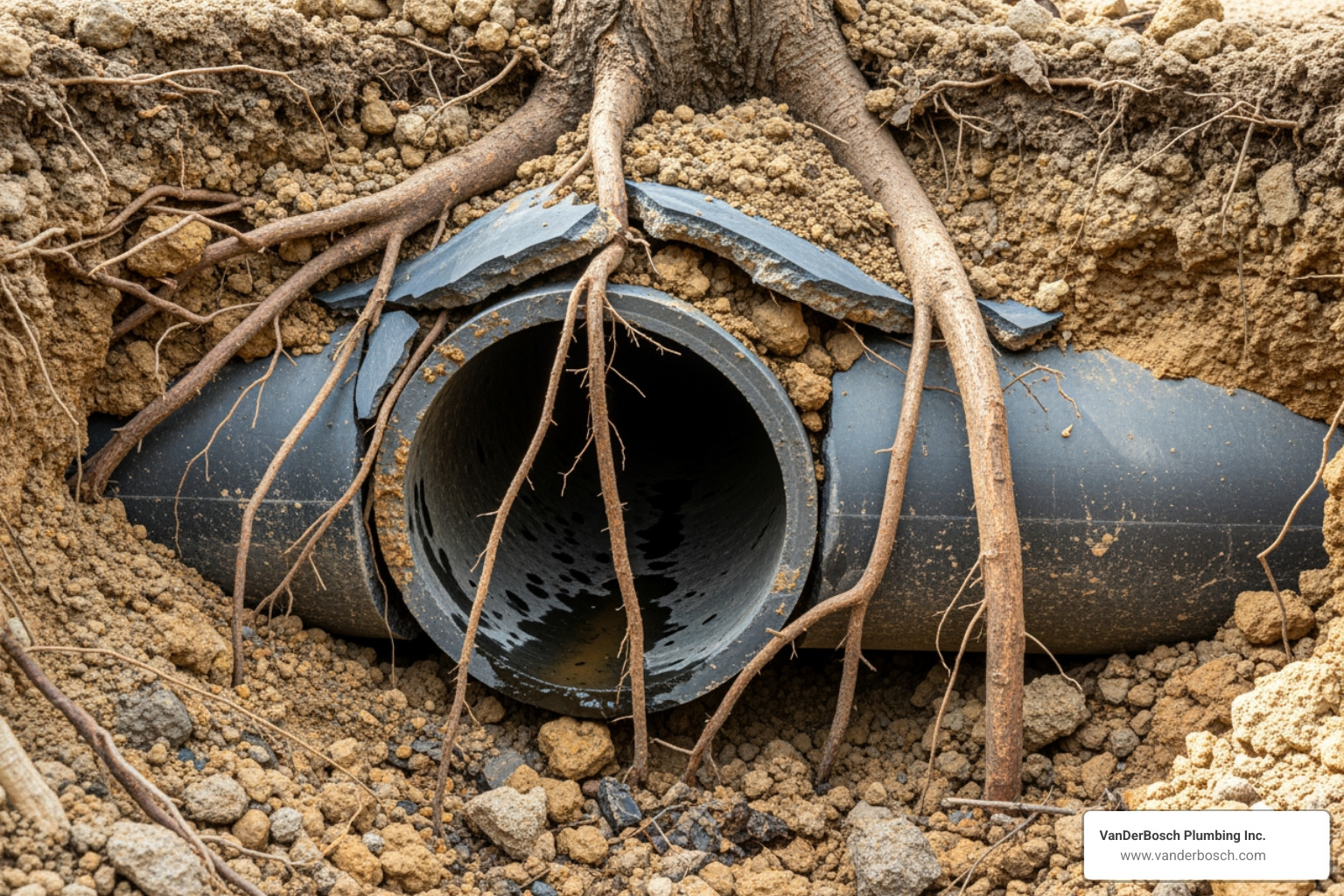 tree roots that have grown into and cracked a sewer pipe - Main sewer line tree roots that have grown into and cracked a sewer pipe - Main sewer line