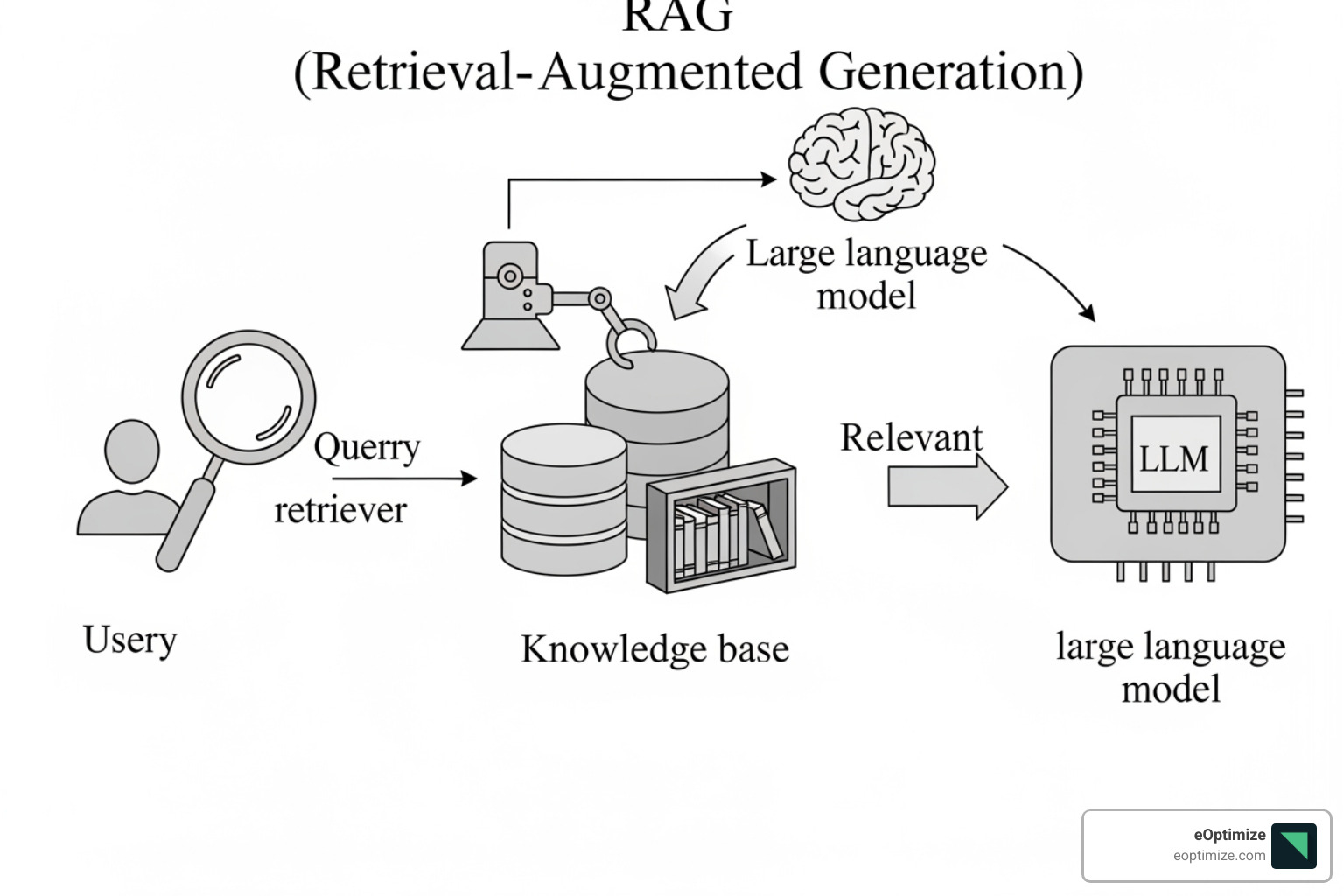RAG process illustrating how a user query is sent to a retriever that fetches relevant documents from a knowledge base, which are then passed to a large language model (LLM) to generate an answer, which is then presented to the user. - generative search