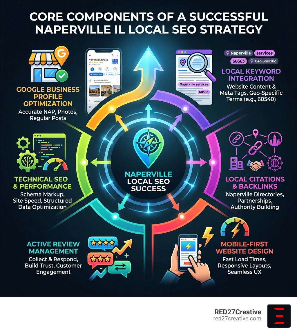 Infographic showing the core components of a successful Naperville IL local SEO strategy, including Google Business Profile optimization with accurate NAP and photos, local keyword integration in website content and meta tags, local citations and backlinks from Naperville directories and partners, mobile-first website design with fast load times, active review management and customer engagement, and technical SEO with schema markup and site performance optimization - Naperville IL local SEO infographic Infographic showing the core components of a successful Naperville IL local SEO strategy, including Google Business Profile optimization with accurate NAP and photos, local keyword integration in website content and meta tags, local citations and backlinks from Naperville directories and partners, mobile-first website design with fast load times, active review management and customer engagement, and technical SEO with schema markup and site performance optimization - Naperville IL local SEO infographic