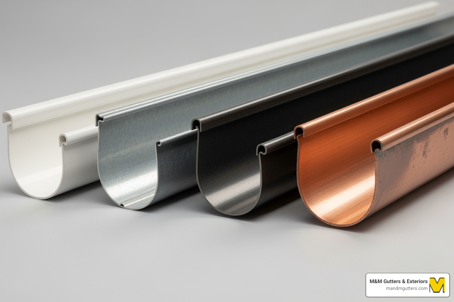Samples of different gutter materials including vinyl, aluminum, steel, and copper - rain gutter parts near me