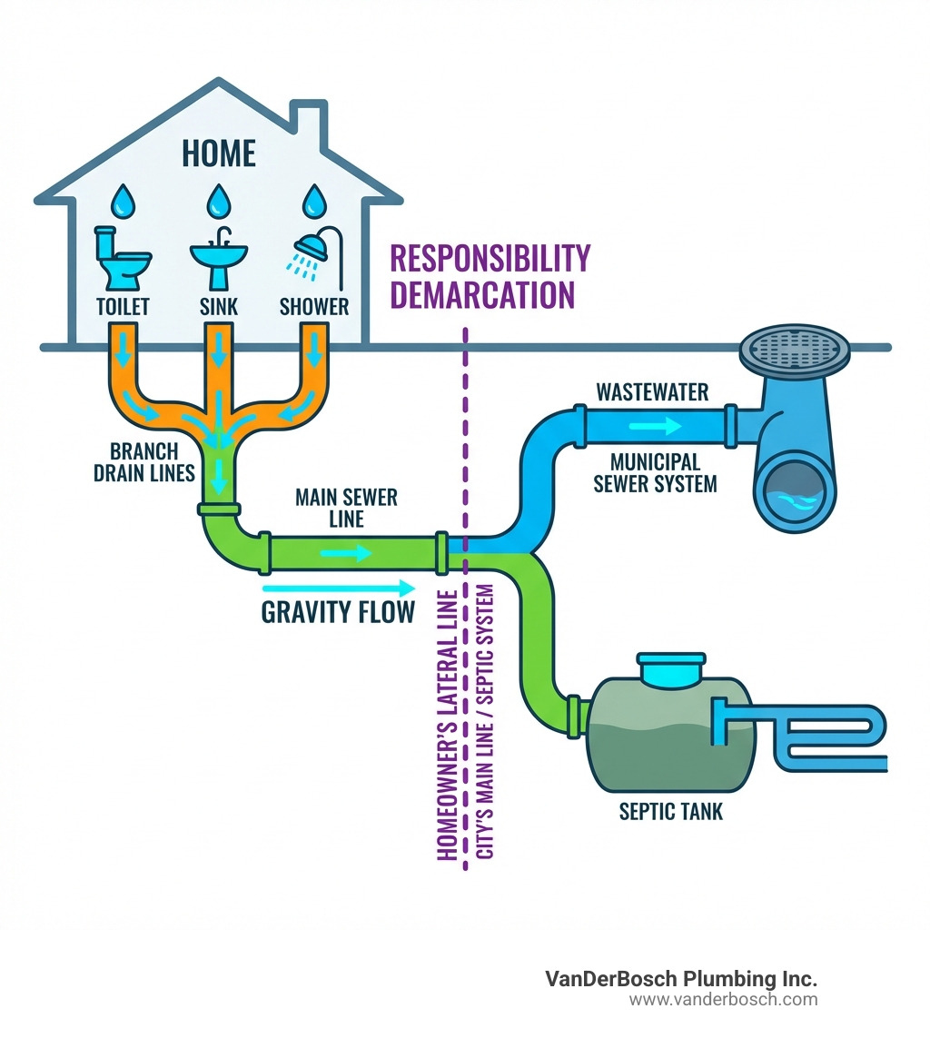 Infographic showing the path of wastewater from home fixtures like toilets, sinks, and showers through branch drain lines that connect to the main sewer line, which then flows to either the municipal sewer system in the street or a septic tank, with labels indicating the homeowner's lateral line responsibility versus the city's main line responsibility - Main sewer line infographic Infographic showing the path of wastewater from home fixtures like toilets, sinks, and showers through branch drain lines that connect to the main sewer line, which then flows to either the municipal sewer system in the street or a septic tank, with labels indicating the homeowner's lateral line responsibility versus the city's main line responsibility - Main sewer line infographic