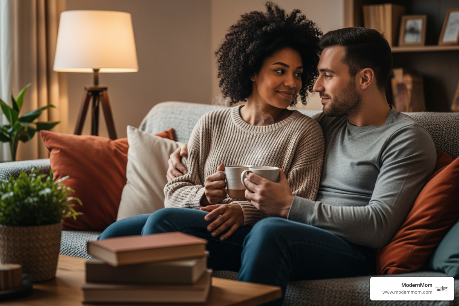 couple sharing a quiet, intimate moment on the couch, with coffee, no phones - reconnecting in a relationship couple sharing a quiet, intimate moment on the couch, with coffee, no phones - reconnecting in a relationship