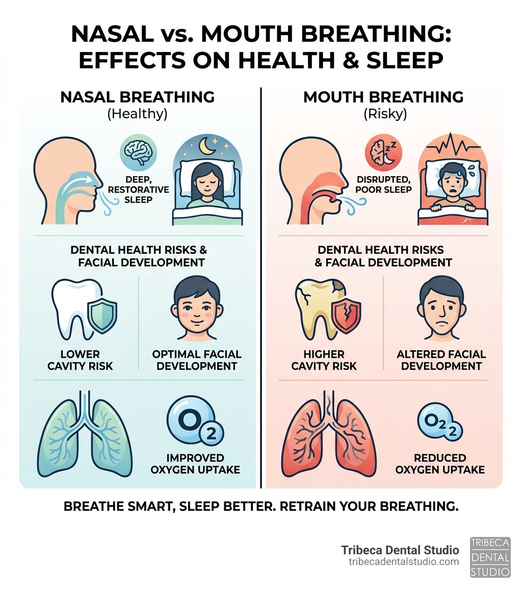 infographic showing comparison between nasal and mouth breathing effects on sleep quality, dental health risks including cavities and facial development, and oxygen absorption differences - mouth breathing correction infographic 