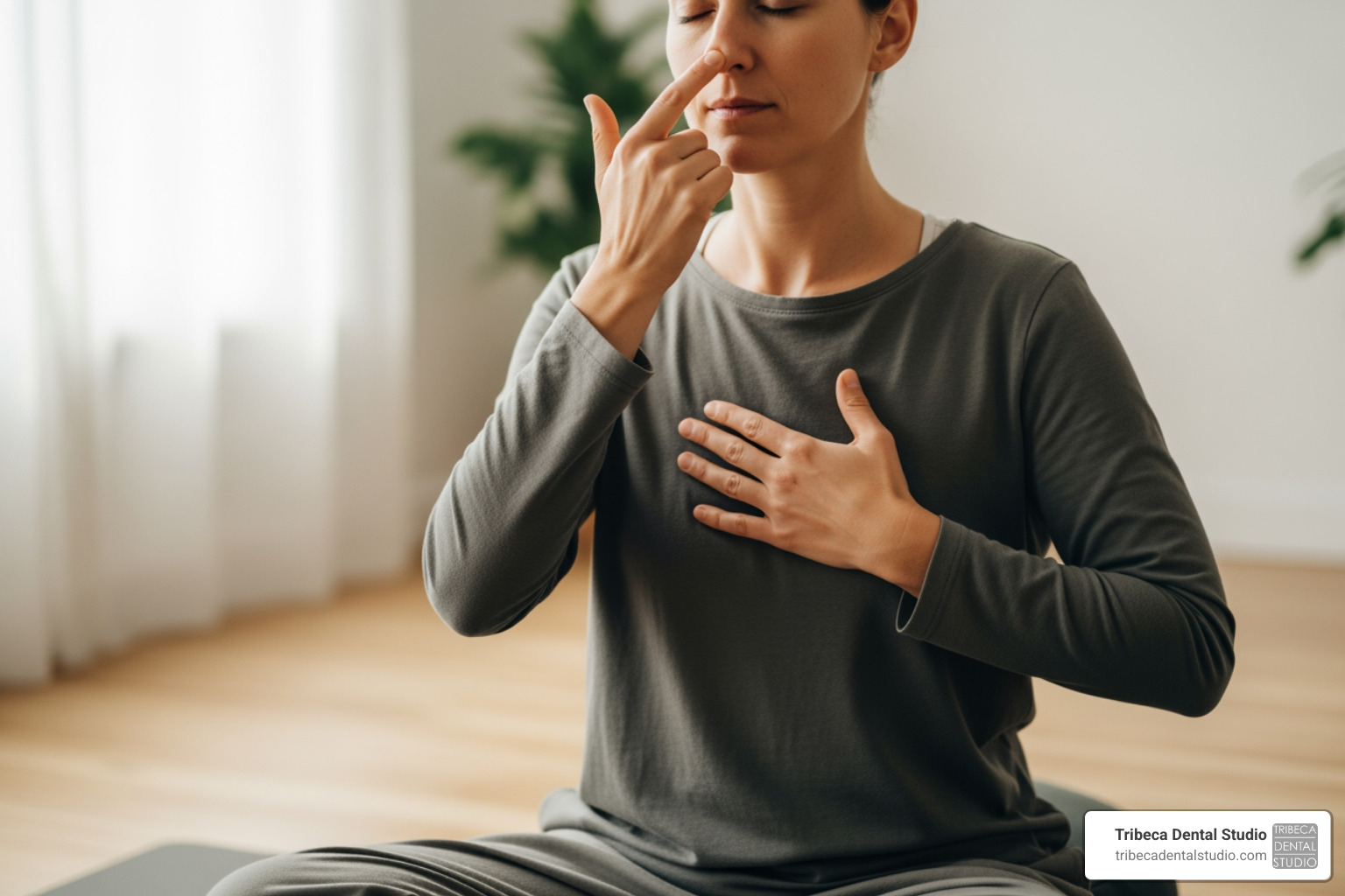 person performing nasal breathing exercise - mouth breathing correction