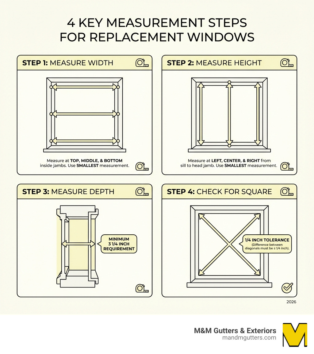 Infographic showing the 4 key measurement steps for replacement windows: Step 1 shows measuring width at top, middle, and bottom of jambs with arrows indicating three measurement points; Step 2 shows measuring height at left, center, and right from sill to head jamb; Step 3 shows measuring depth from interior stop to exterior stop with minimum 3 1/4 inch requirement; Step 4 shows diagonal measurements from corner to corner to check for square with 1/4 inch tolerance notation - how to measure house windows for replacement infographic Infographic showing the 4 key measurement steps for replacement windows: Step 1 shows measuring width at top, middle, and bottom of jambs with arrows indicating three measurement points; Step 2 shows measuring height at left, center, and right from sill to head jamb; Step 3 shows measuring depth from interior stop to exterior stop with minimum 3 1/4 inch requirement; Step 4 shows diagonal measurements from corner to corner to check for square with 1/4 inch tolerance notation - how to measure house windows for replacement infographic