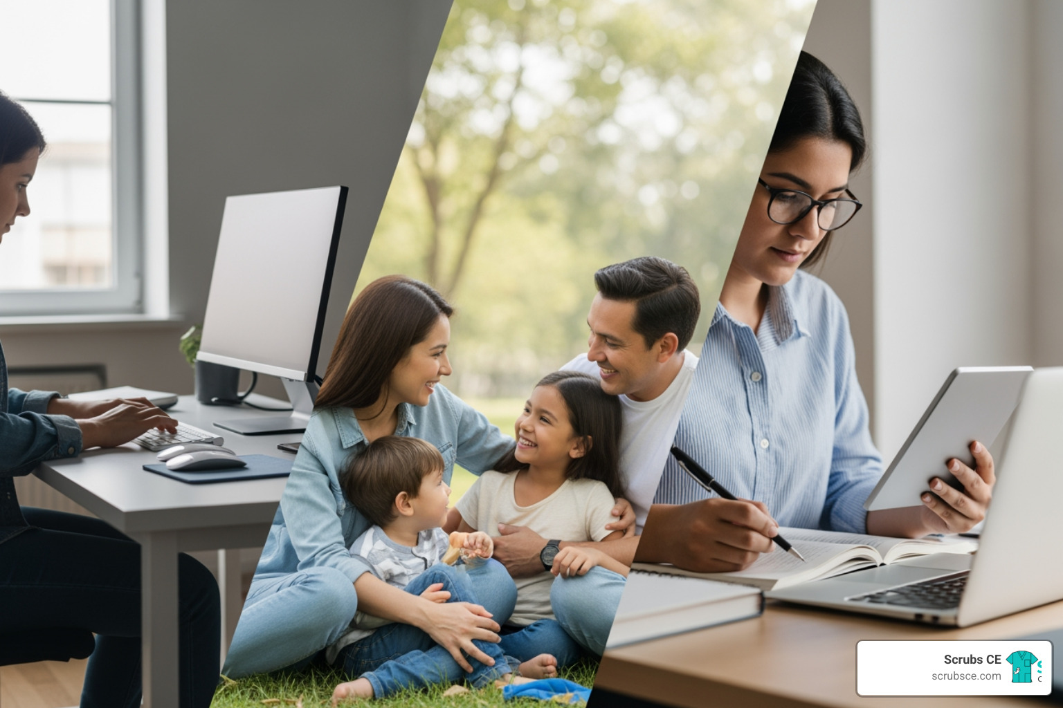 person balancing work, family, and study on a split screen - Flexible online courses person balancing work, family, and study on a split screen - Flexible online courses