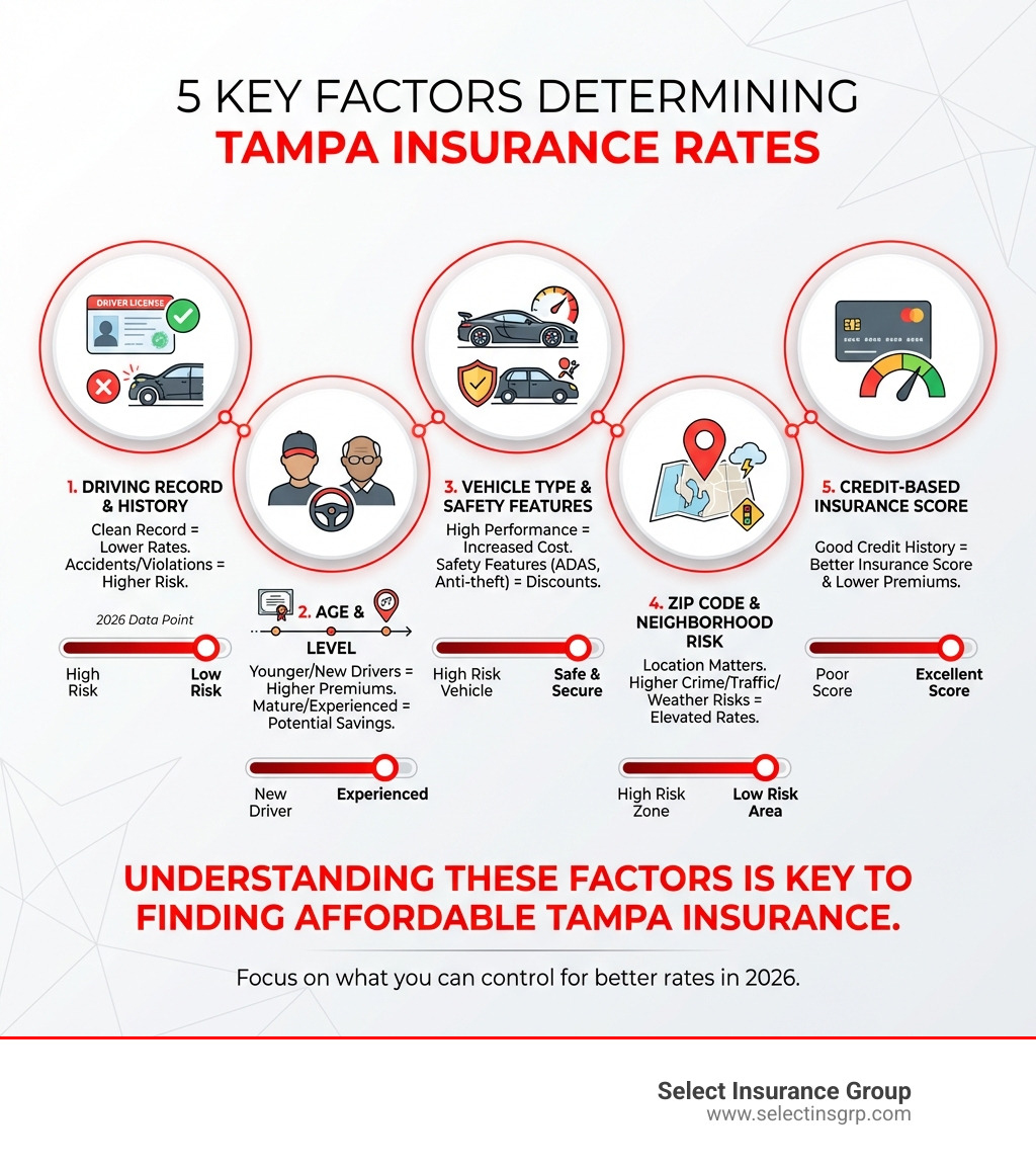 Infographic showing the five key factors that determine Tampa insurance rates: driving record and history, age and experience level, vehicle type and safety features, ZIP code and neighborhood risk, and credit-based insurance score - affordable insurance tampa infographic 