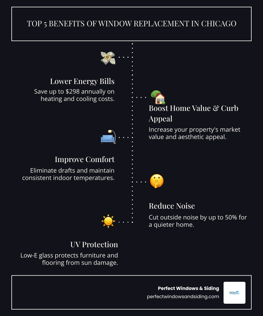 Infographic showing the top 5 benefits of window replacement: 1. Reduce energy bills by up to $298/year, 2. Increase home value and curb appeal, 3. Eliminate drafts and improve comfort, 4. Reduce outside noise by up to 50%, 5. Protect furniture from UV damage with Low-E glass - home window replacement chicago infographic infographic-line-5-steps-dark Infographic showing the top 5 benefits of window replacement: 1. Reduce energy bills by up to $298/year, 2. Increase home value and curb appeal, 3. Eliminate drafts and improve comfort, 4. Reduce outside noise by up to 50%, 5. Protect furniture from UV damage with Low-E glass - home window replacement chicago infographic infographic-line-5-steps-dark